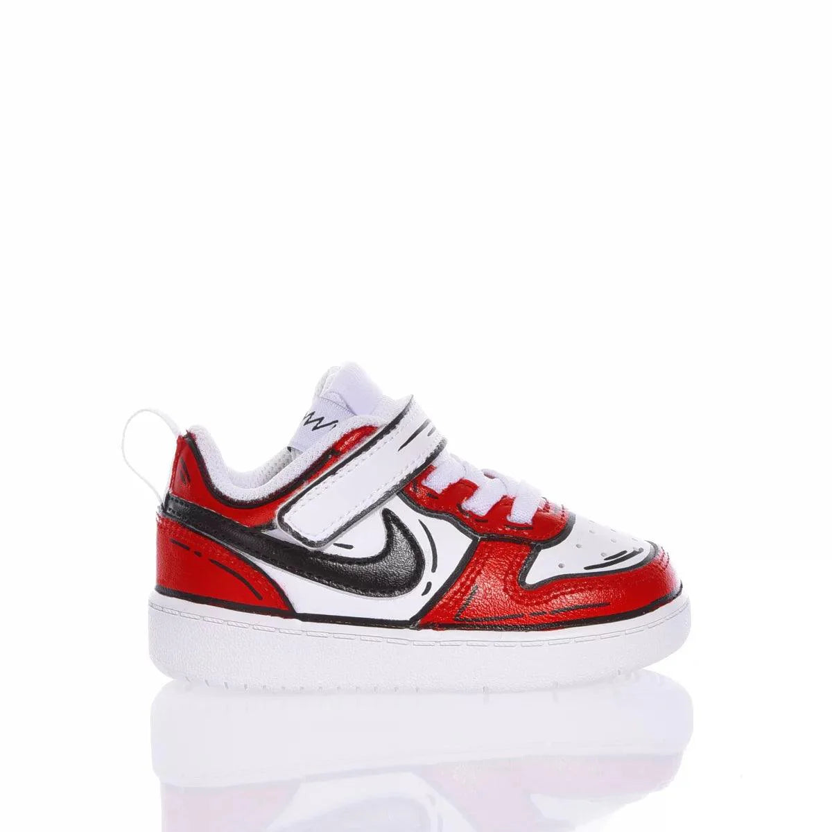 Scarpa da bambino bianca, rossa e nera con chiusura a strappo, stile sportivo