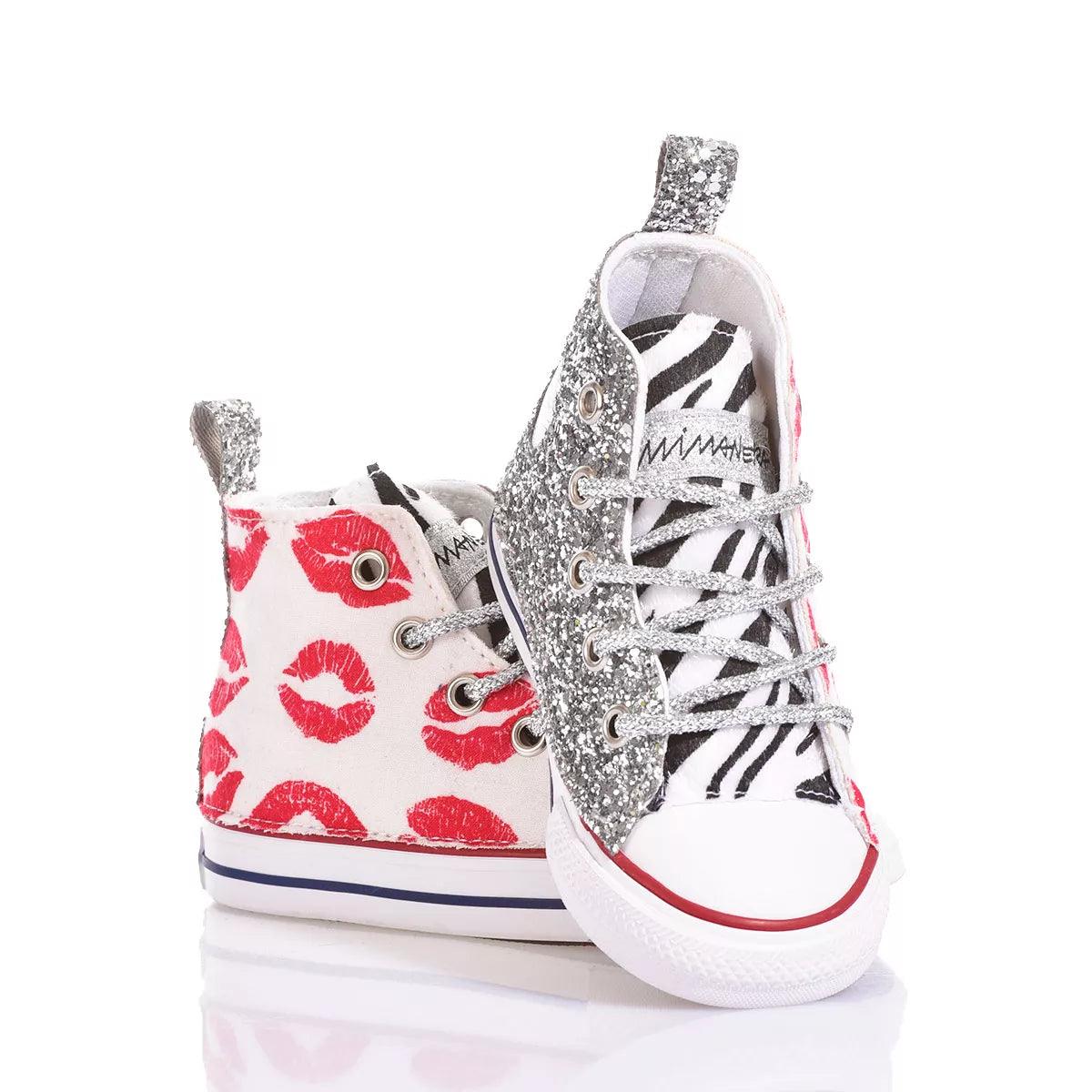 Scarpe premaman alte bianche con stampa baci rossi, glitter argento e zebra, abbigliamento premaman