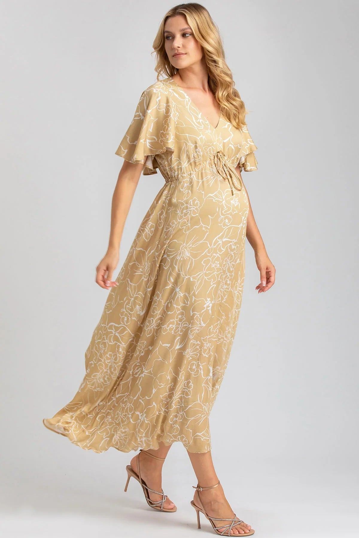 Abito premaman lungo beige a fiori, maniche corte, stile elegante, tessuto leggero