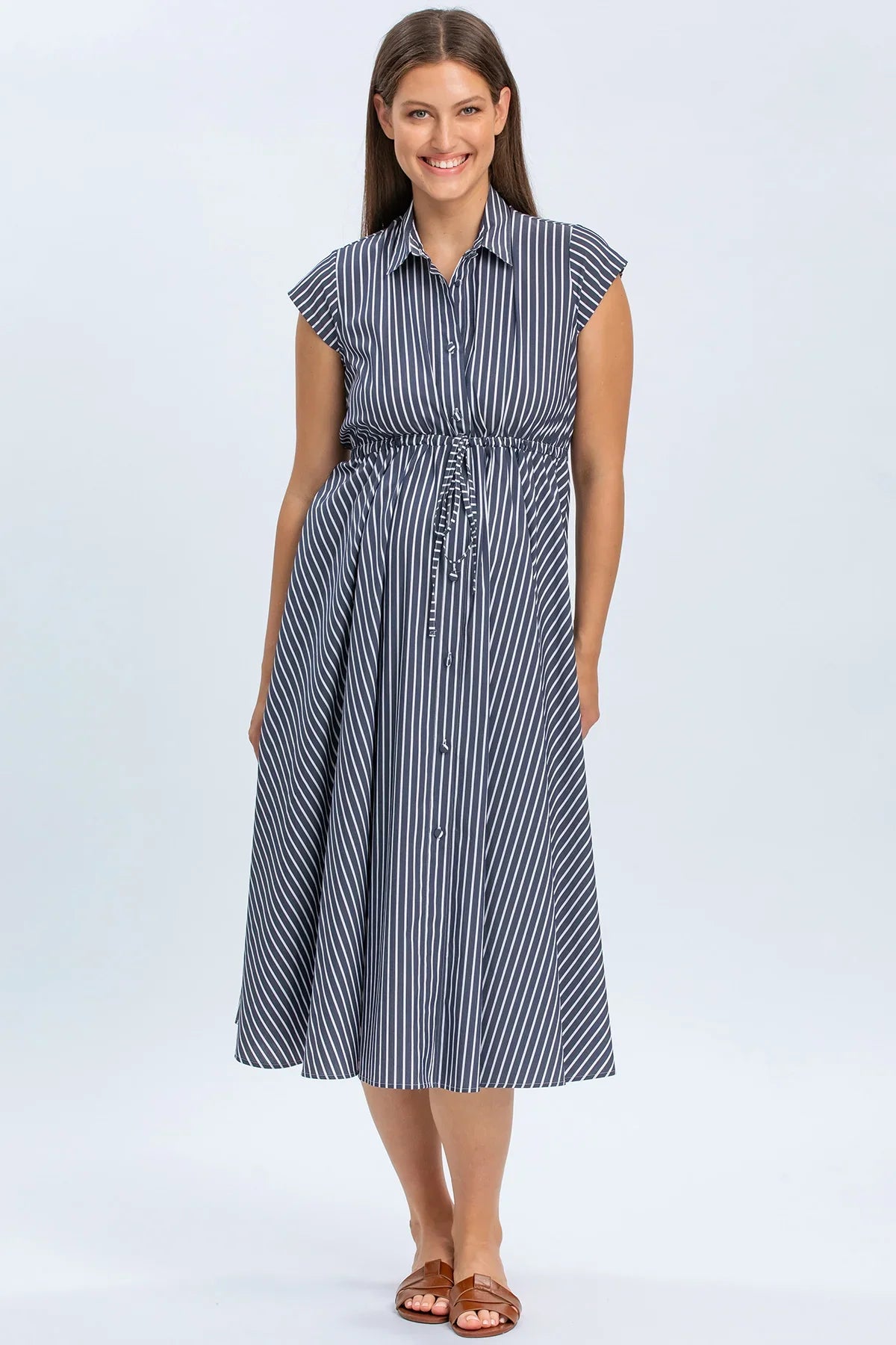 CELESTE | Abito Premaman in Cotone Blu Scuro con Righe Bianche