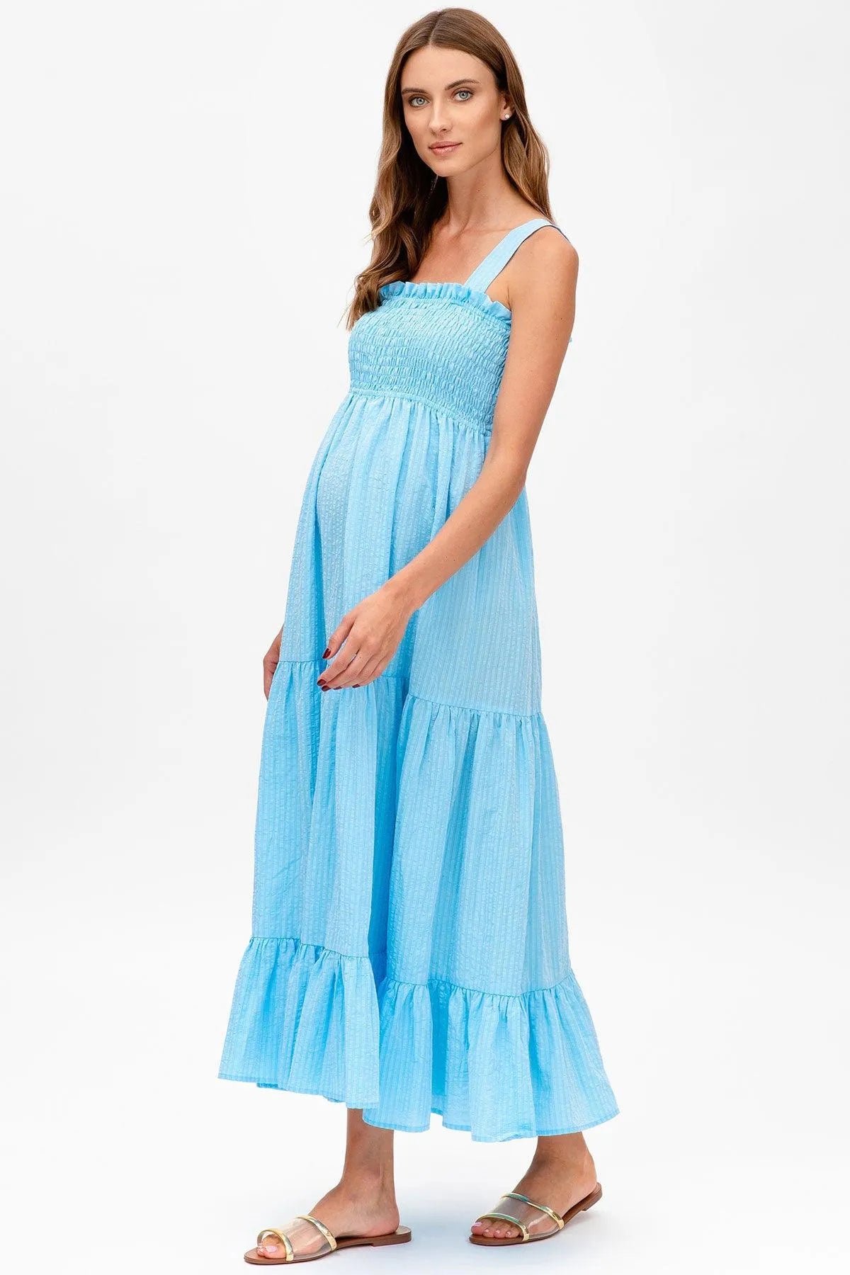 HOLLY | Abito Premaman Lungo in Cotone Goffrato Color Azzurro - Pietro Brunelli