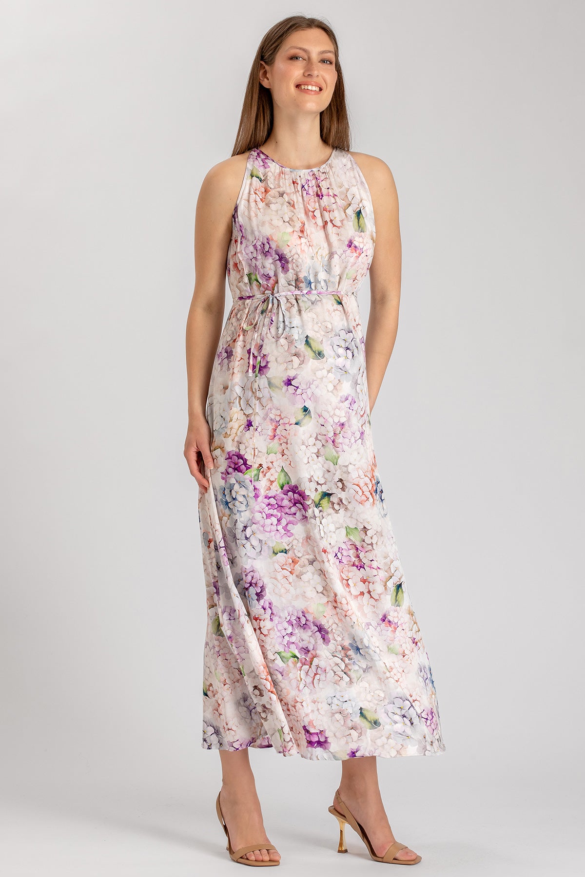Vestito premaman lungo floreale senza maniche, tessuto leggero, ideale gravidanza