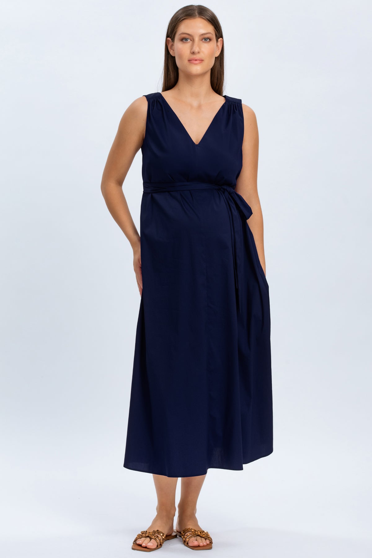 Abito premaman blu senza maniche con scollo a V e cintura in vita elegante