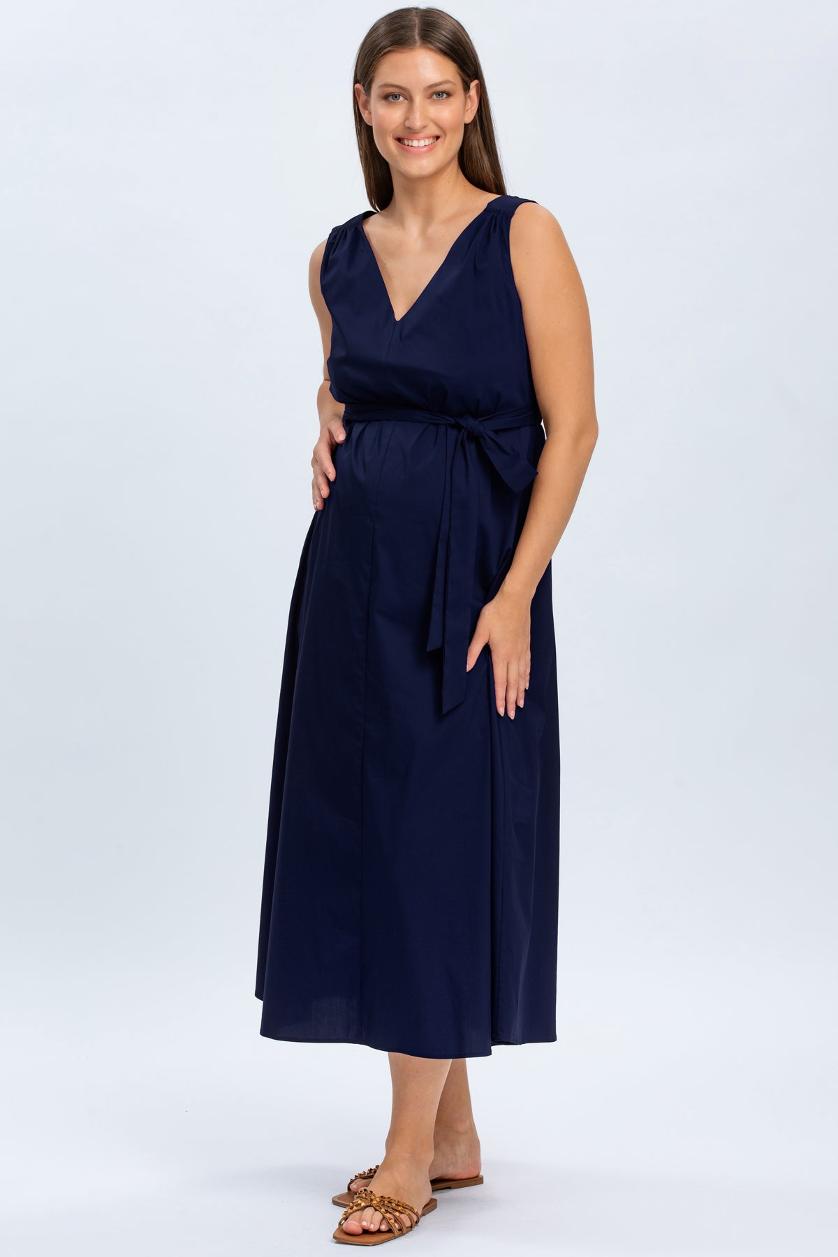 Abito premaman blu senza maniche con cintura, ideale per gravidanza, look elegante