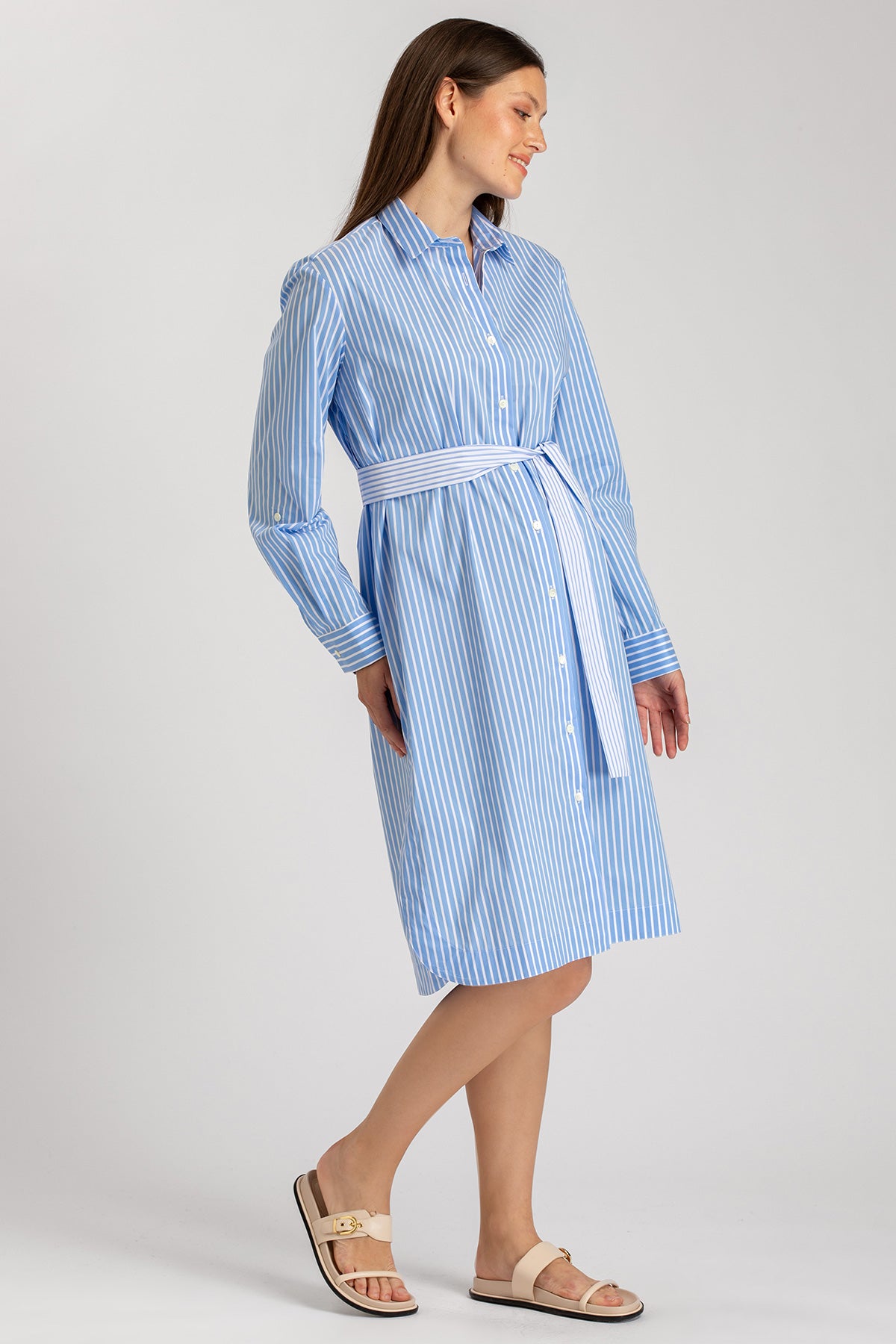 Abito premaman camicia a righe azzurre con cintura, maniche lunghe, ideale gravidanza