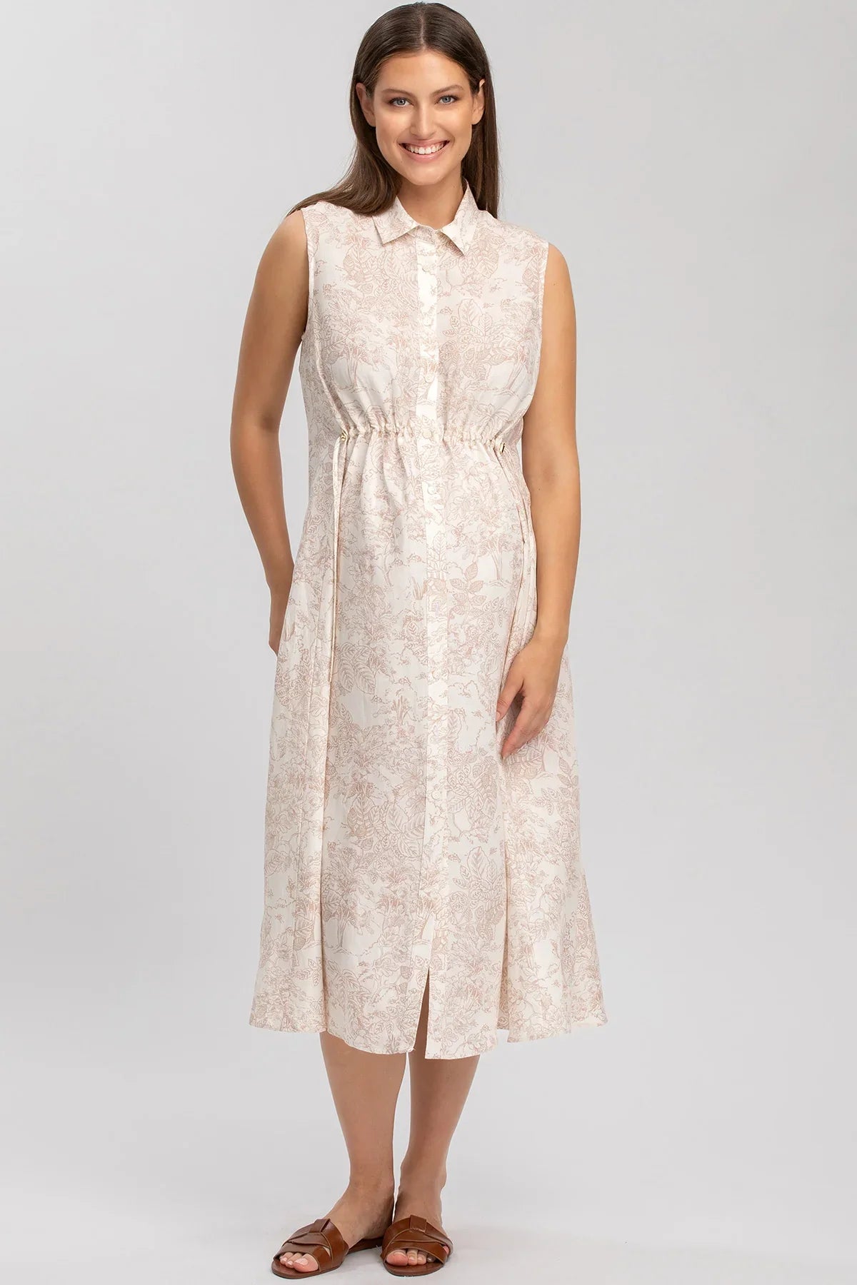 Vestito premaman smanicato beige con fantasia floreale, lunghezza midi, ideale gravidanza