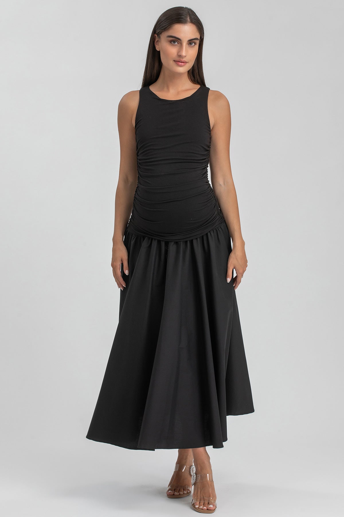 Abito premaman elegante nero senza maniche, gonna ampia, ideale gravidanza