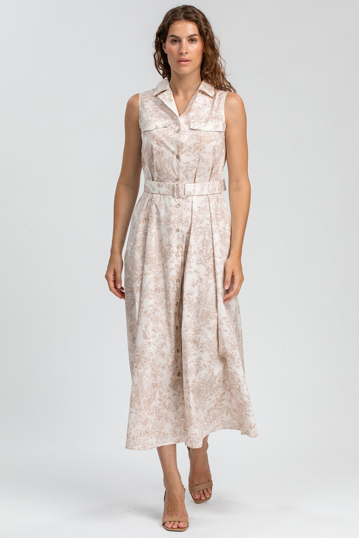 Vestito premaman elegante senza maniche con cintura, motivo floreale beige, abbigliamento gravidanza