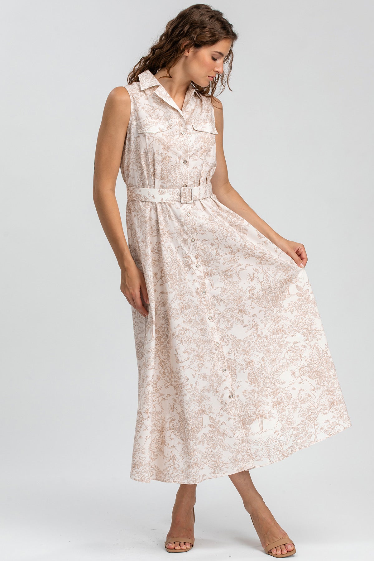 Abito premaman senza maniche con cintura, stampa floreale beige, donna incinta elegante