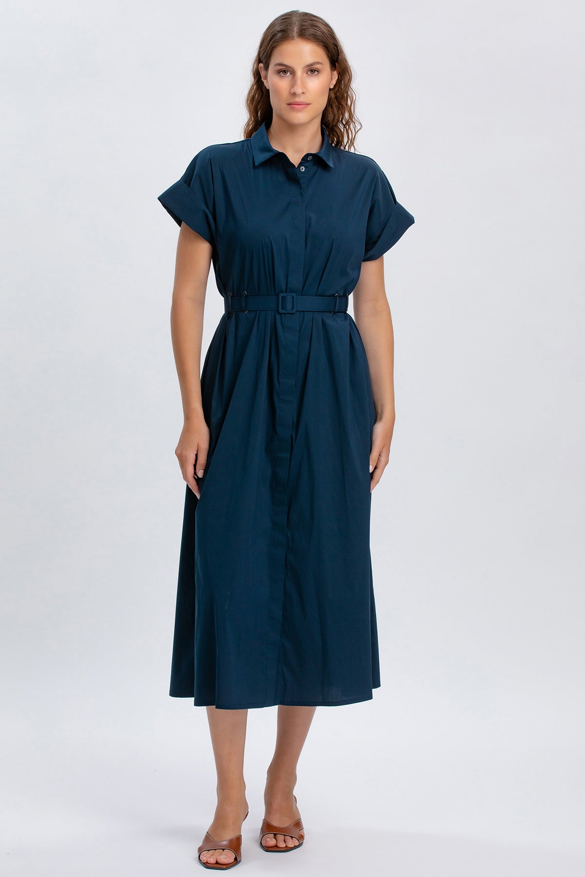Abito premaman blu scuro con cintura, maniche corte, ideale per gravidanza elegante
