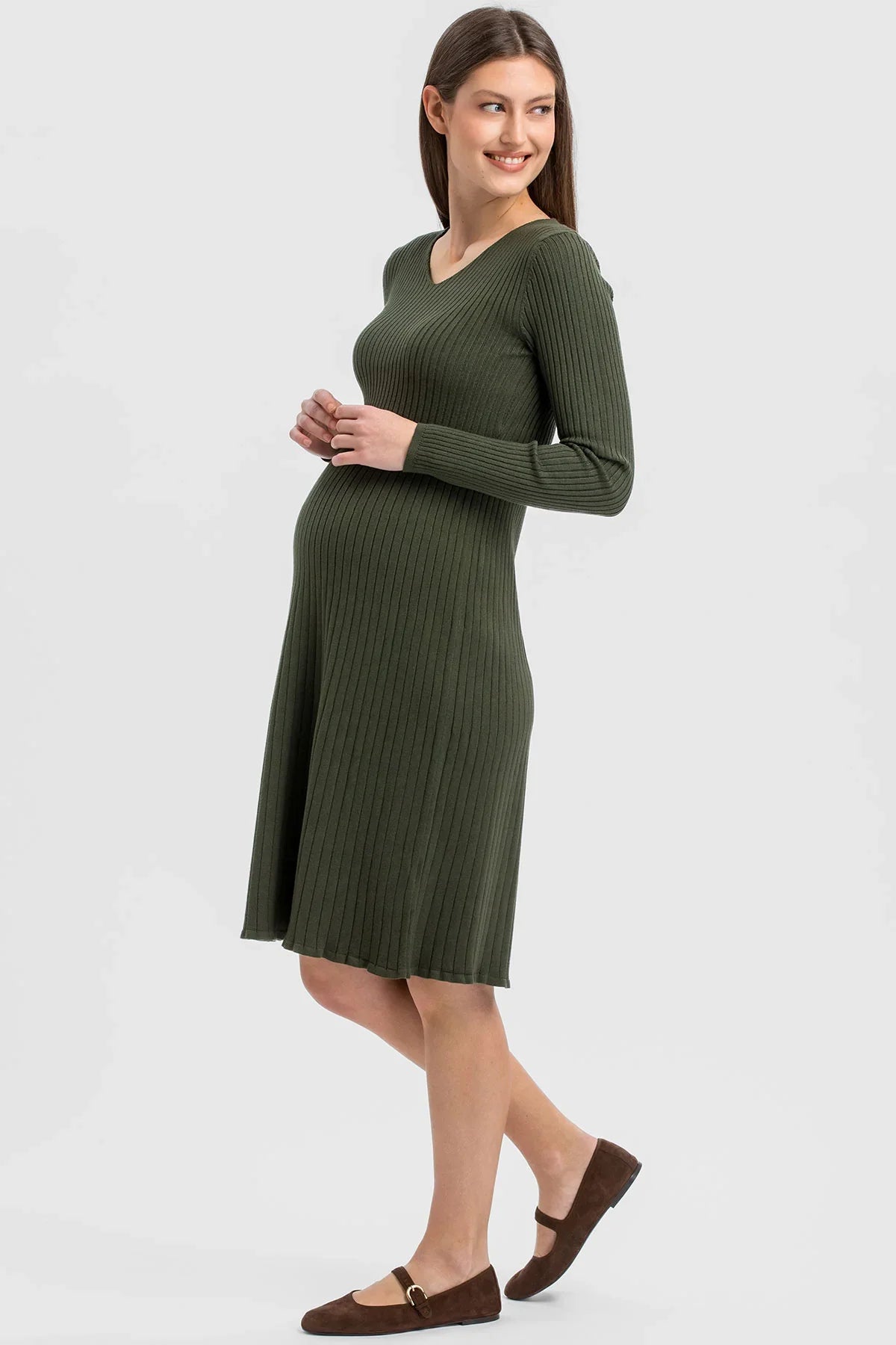Abito Premaman Verde Oliva Svasato con Scollo a V