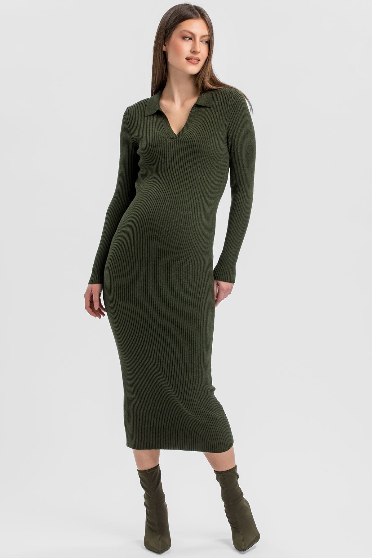 LAVINIA | Olive Green Ribbed Maternity Dress with Polo Collar
