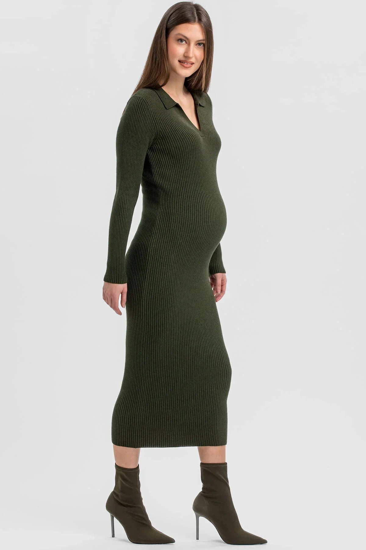 Olive Green Ribbed Maternity Dress with Polo Collar