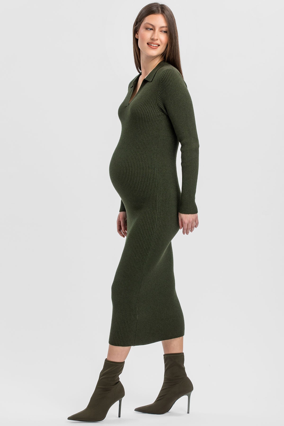 LAVINIA | Olive Green Ribbed Maternity Dress with Polo Collar