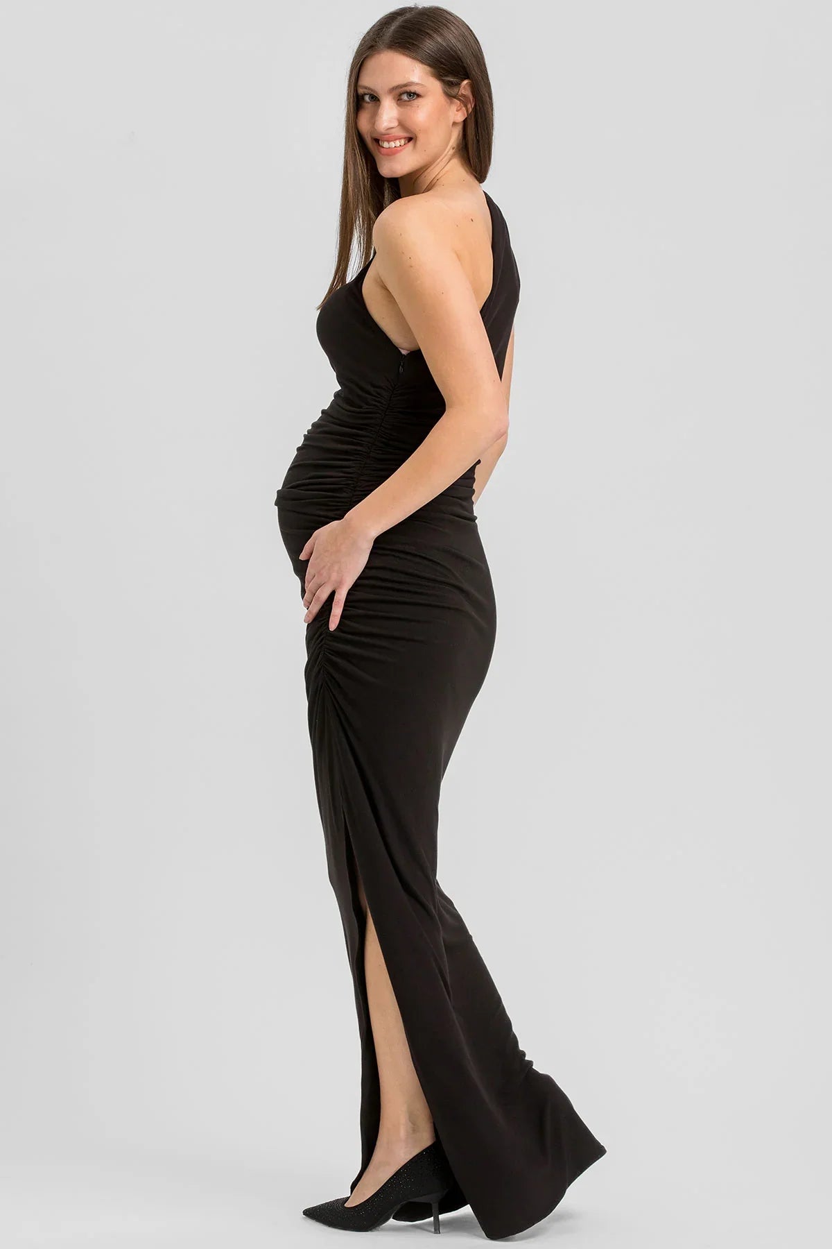 Abito premaman nero monospalla con spacco di Pietro Brunelli Maternity