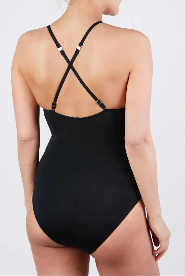 Retro vista del costume premaman nero Cache Coeur con spalline incrociate multi-posizione.