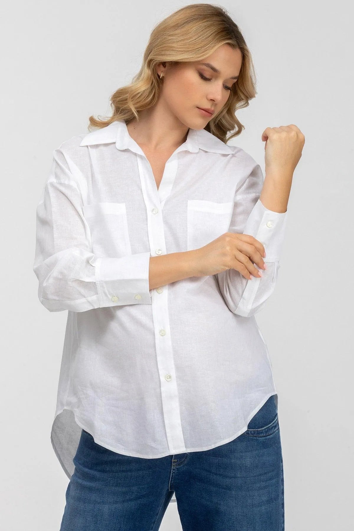 SOPHIA POCKET | Camicia Premaman Oversize con Tasche Frontali in Lino Bianca - Pietro Brunelli