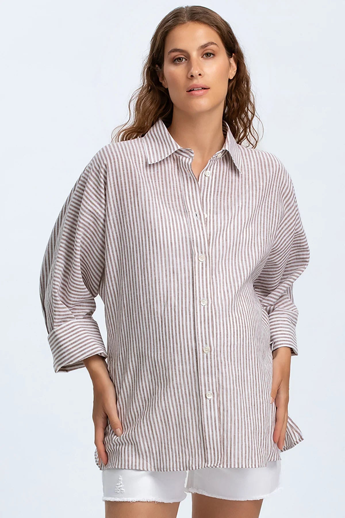 LIPARI | Camicia Premaman Oversize in Lino a Righe Marroni