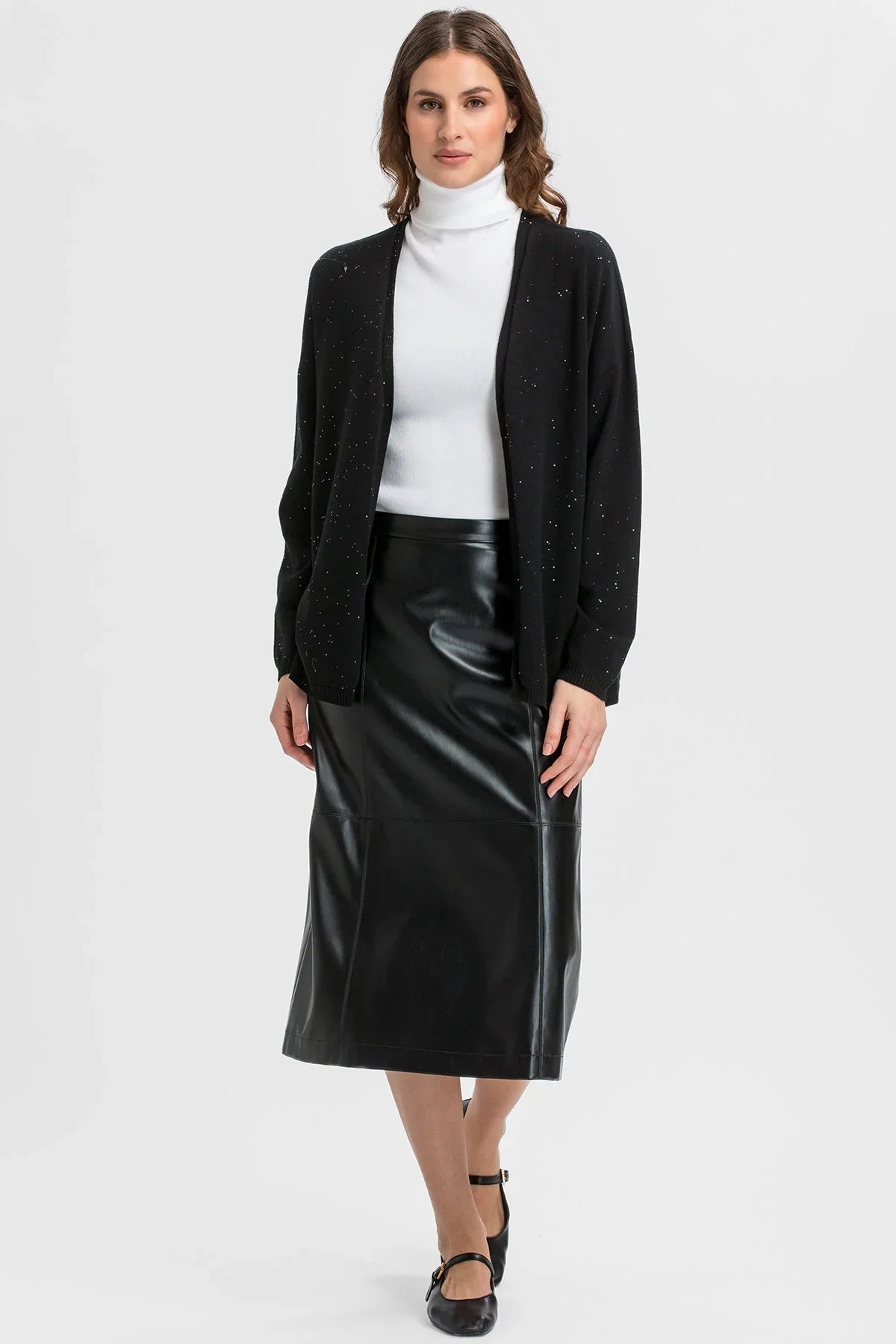 Cardigan premaman nero con micro paillettes.