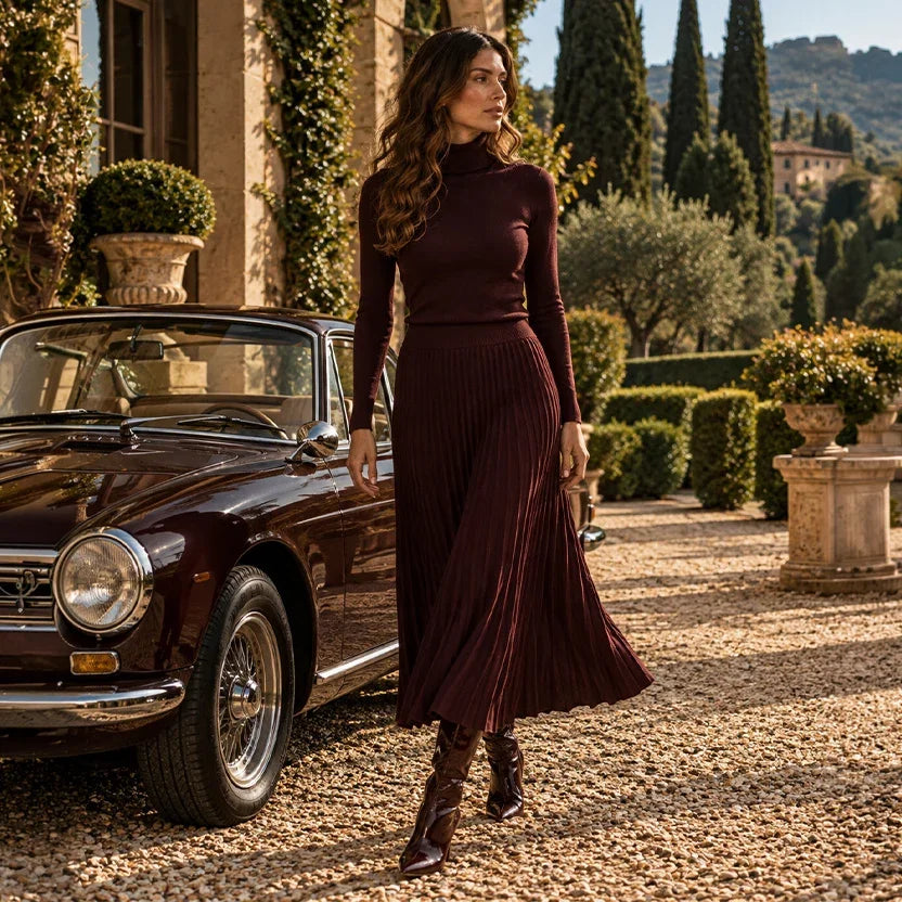 Donna con dolcevita bordeaux e gonna midi plissettata coordinata, accanto a un'auto d'epoca nel giardino di una villa toscana.