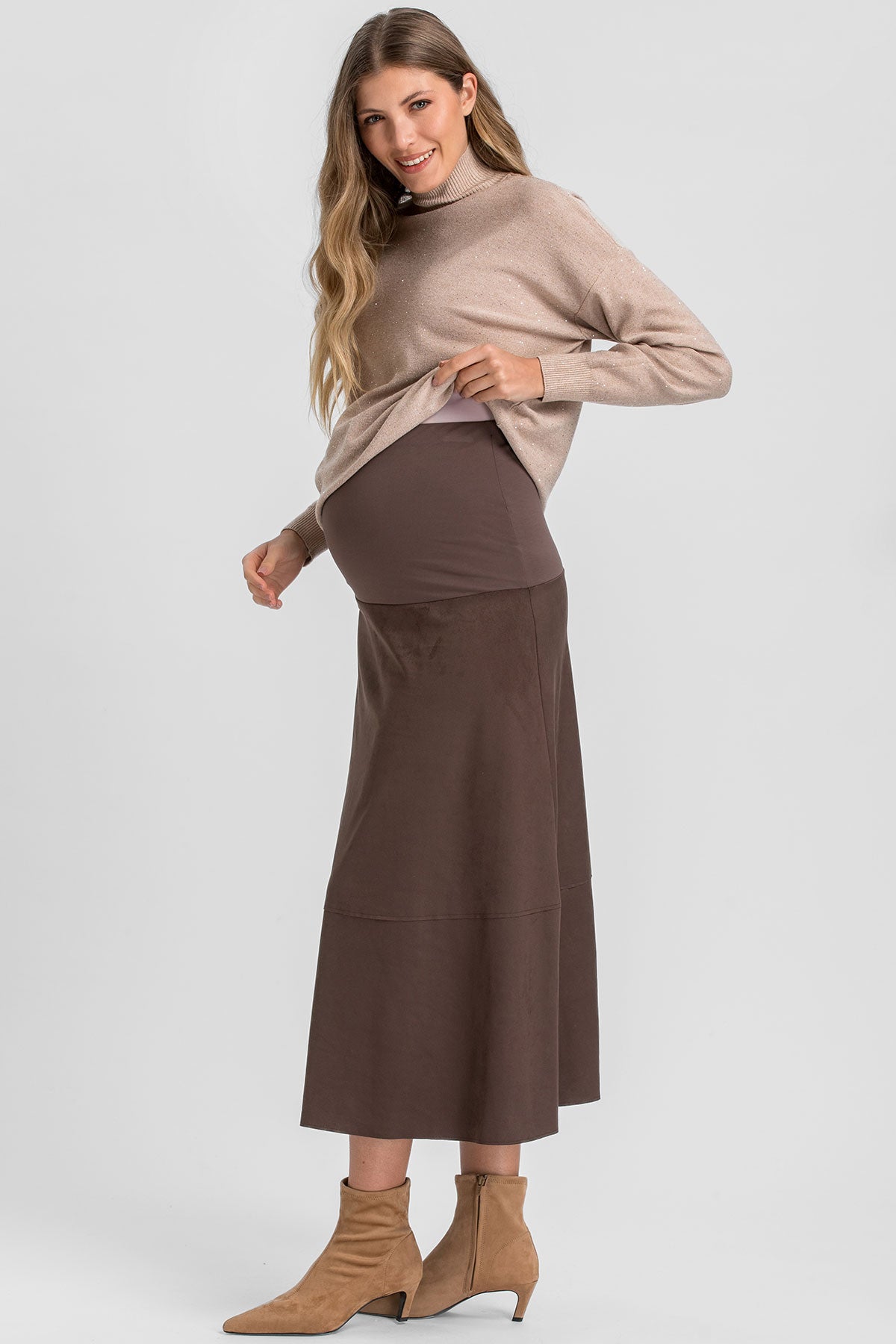 MAX | Gonna Premaman Marrone Midi con Effetto Scamosciato