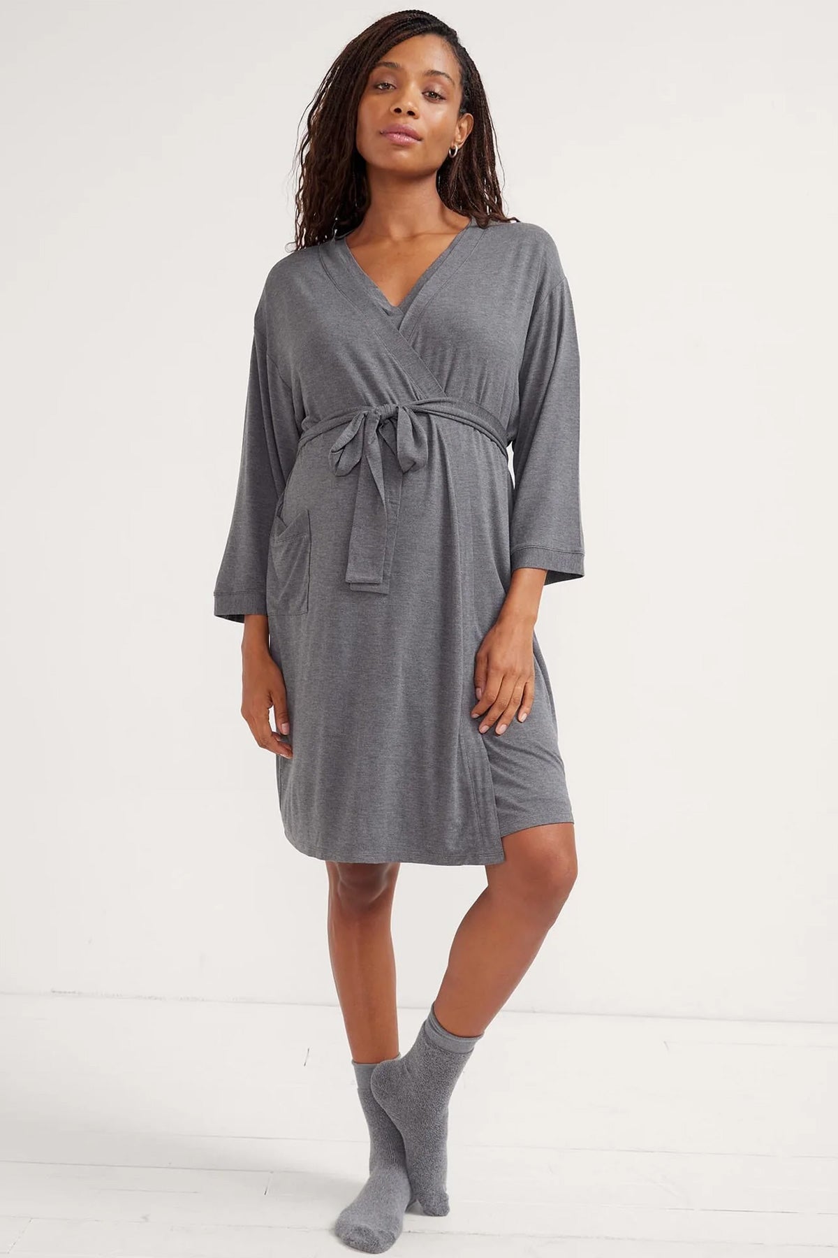 Vestaglia premaman grigia con cintura, abbigliamento maternità comodo ed elegante