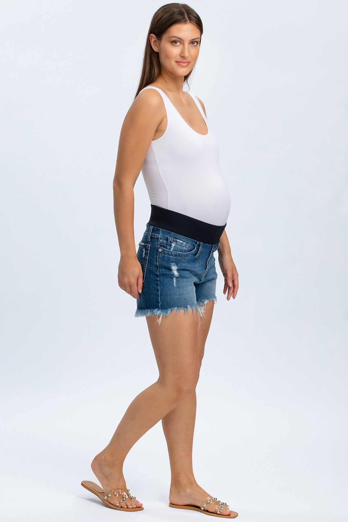 Shorts premaman in denim blu con fascia elastica, modello estivo per gravidanza