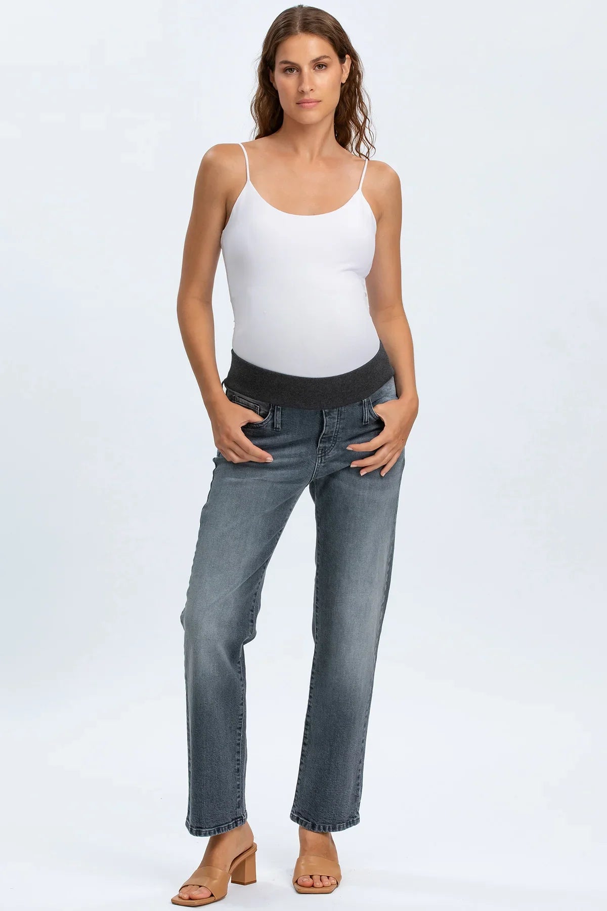 Straight-leg maternity jeans in soft stretch denim with a stonewashed grey finish and comfortable stretchy belly band.