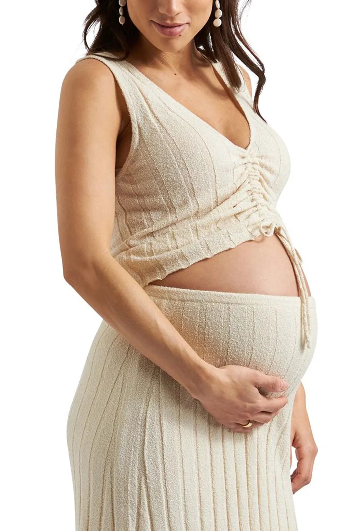 Top premaman beige senza maniche Ripe con scollo a V e dettaglio laccetto.