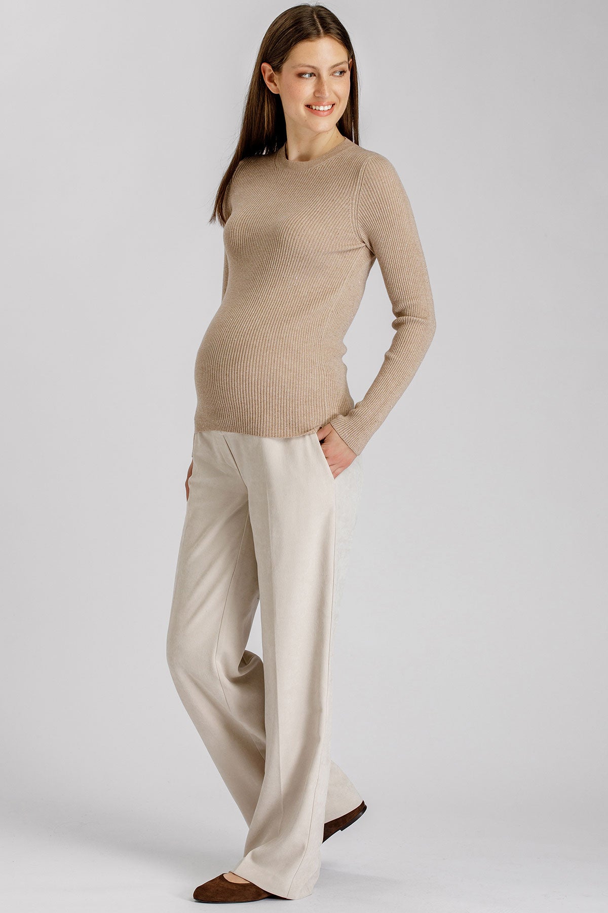 ODETTE | Maglia Premaman Beige a Costine con Dettagli Luminosi