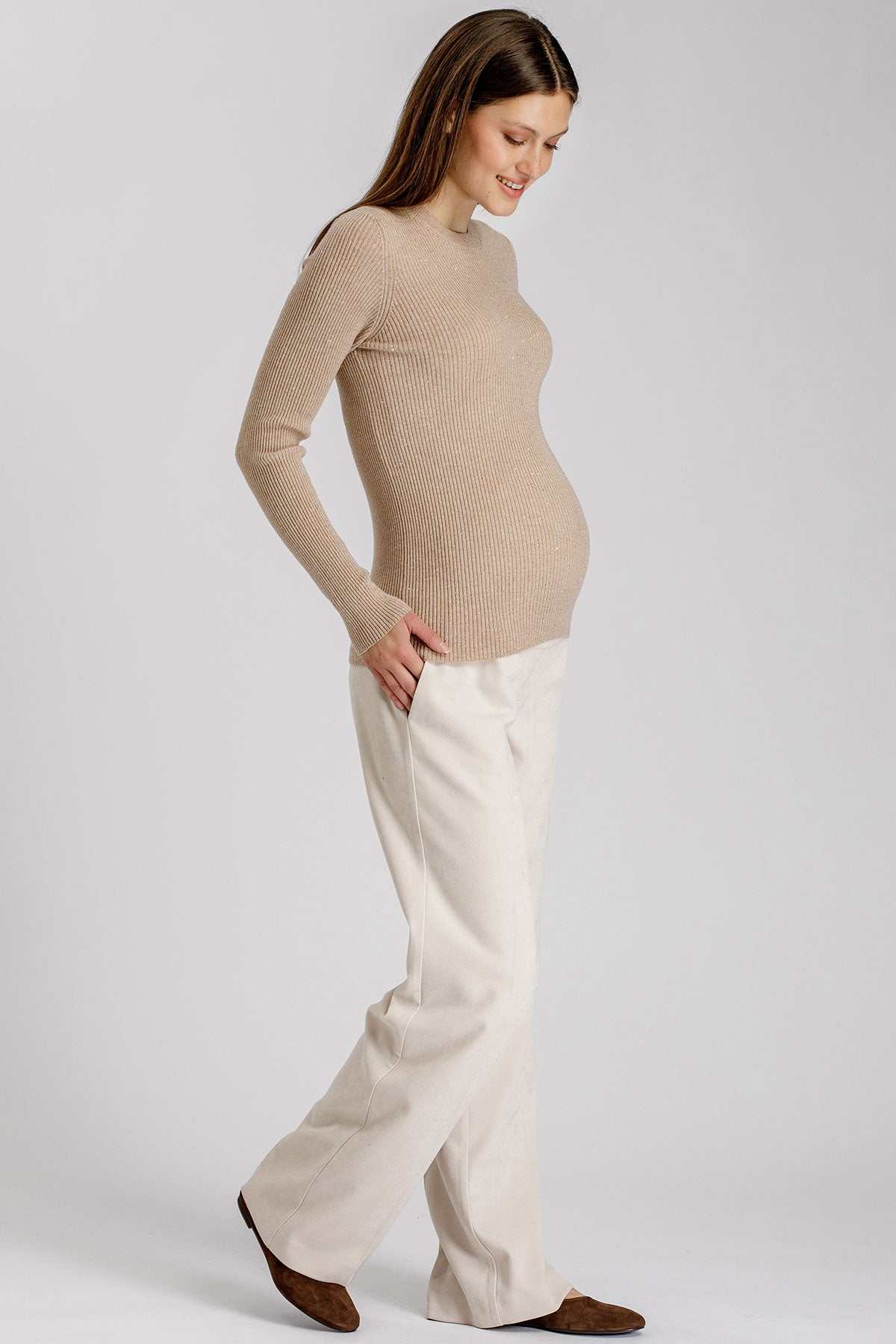 Maglia Premaman Beige a Costine con Dettagli Luminosi