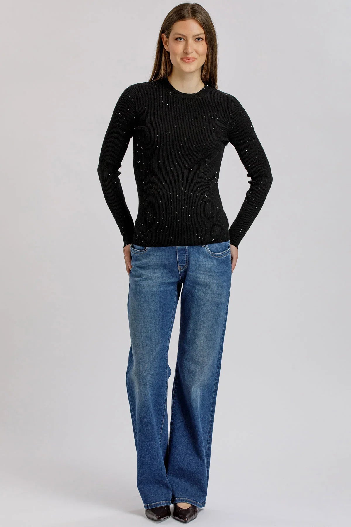 Maglia Premaman Nera a Costine con Dettagli Luminosi e Paillettes