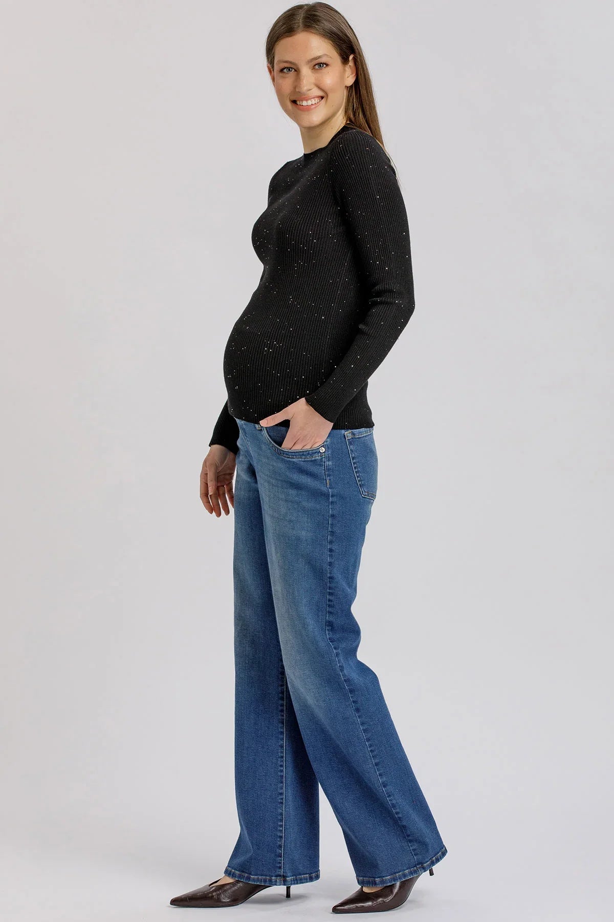 Maglia Premaman Nera a Costine con Dettagli Luminosi e Paillettes