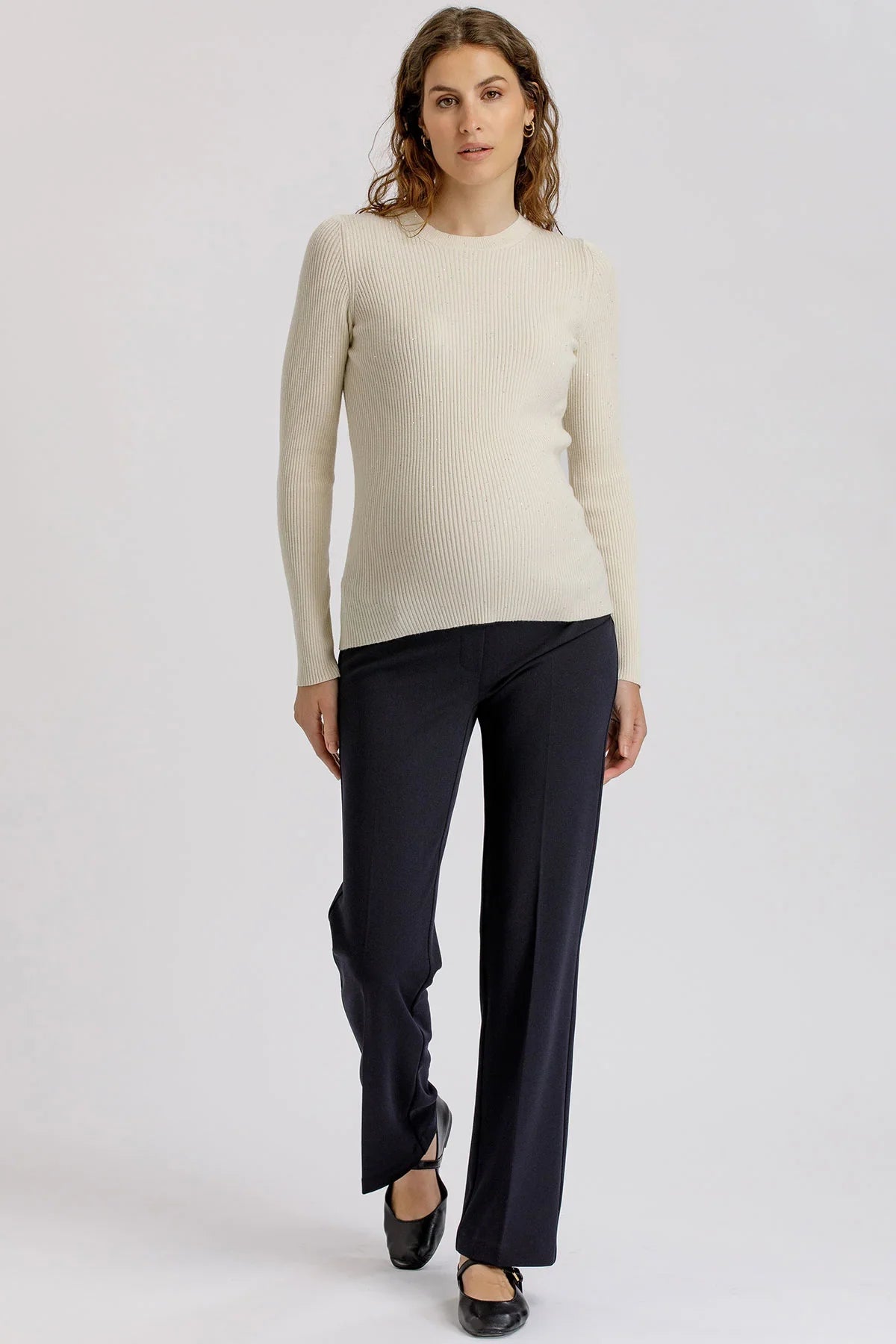 Maglia Premaman Crema a Costine con Dettagli Luminosi