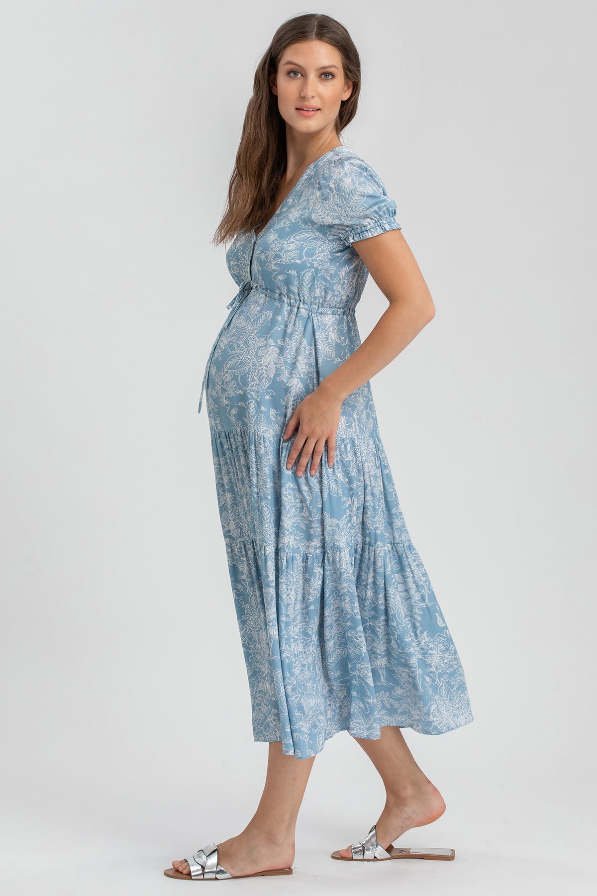 Abito premaman azzurro floreale, donna incinta, vestito elegante maternity