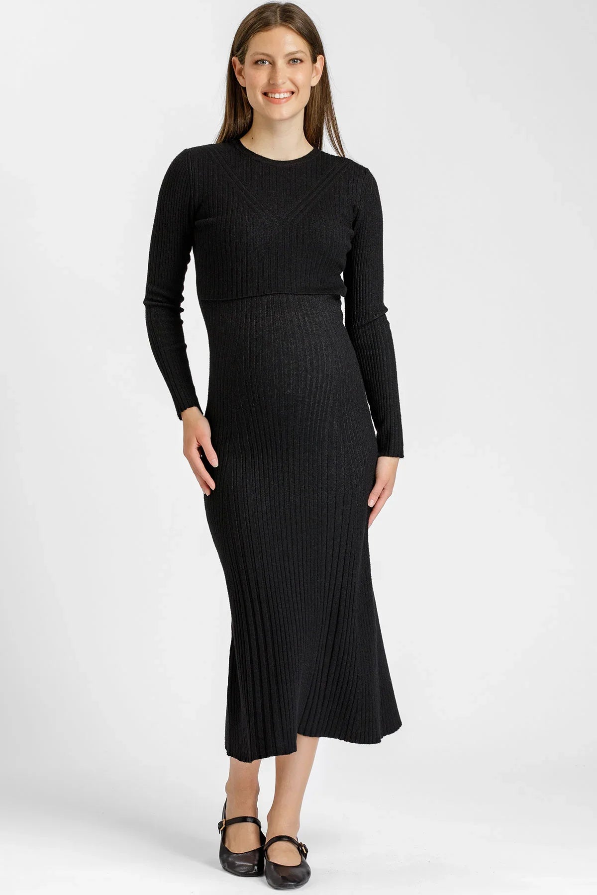 Black Ribbed Maternity & Nursing Dress
