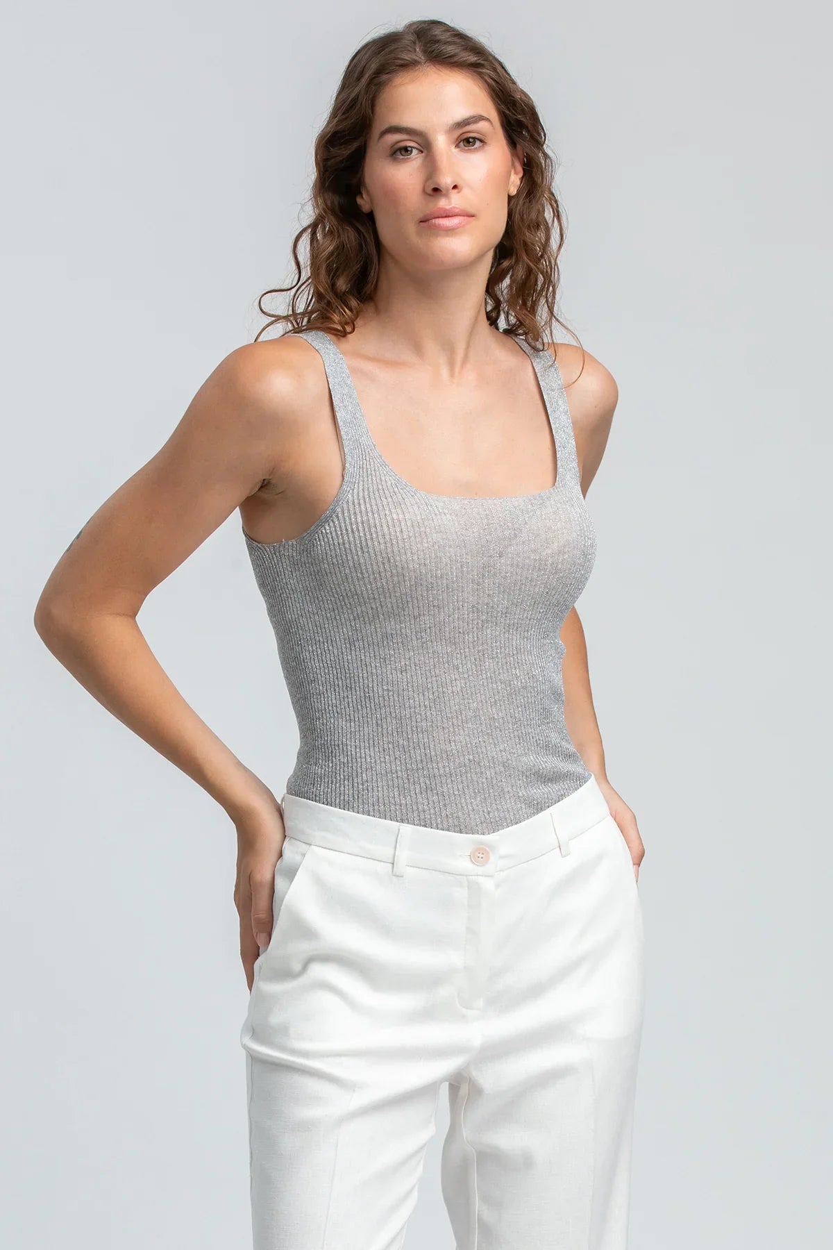 SANTORINI | Top Argento con Scollo Squadrato