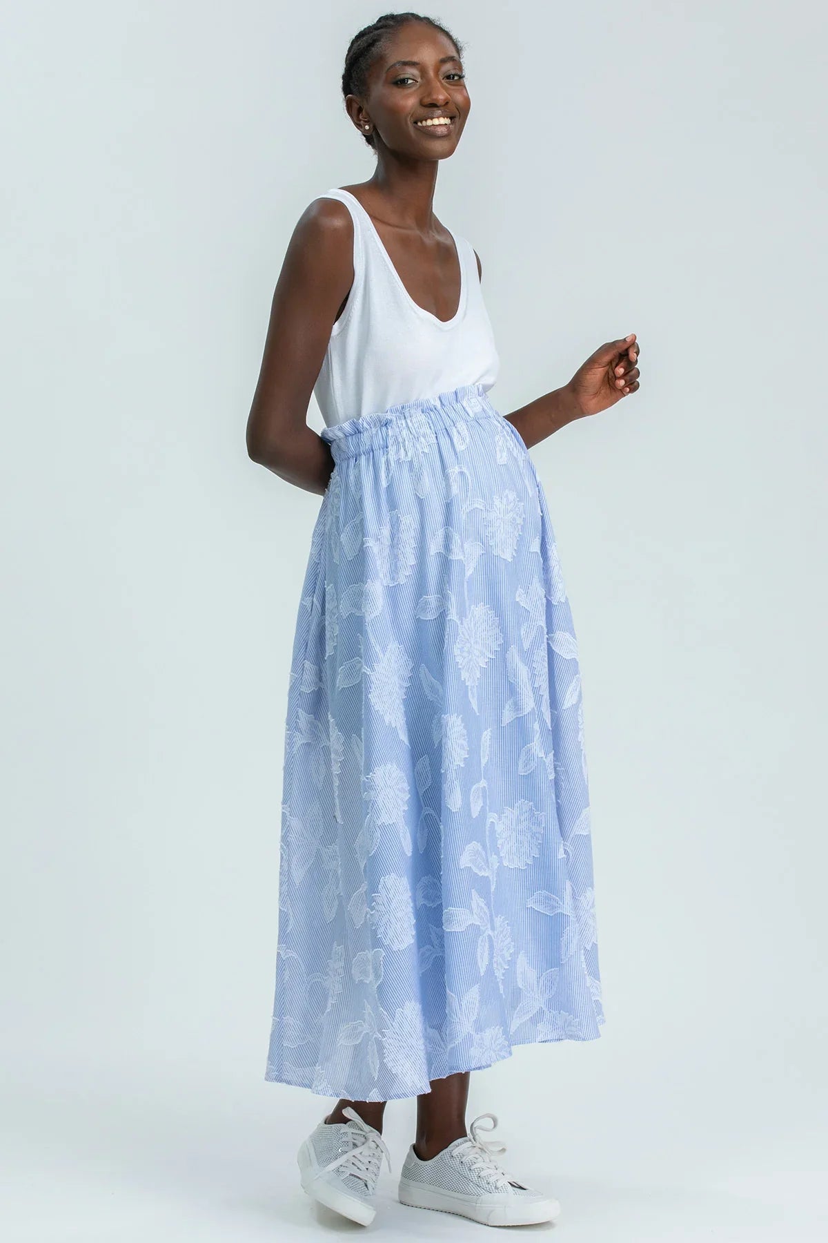 Modella indossa un abito premaman estivo bianco e azzurro con gonna lunga a fiori, stile casual elegante.