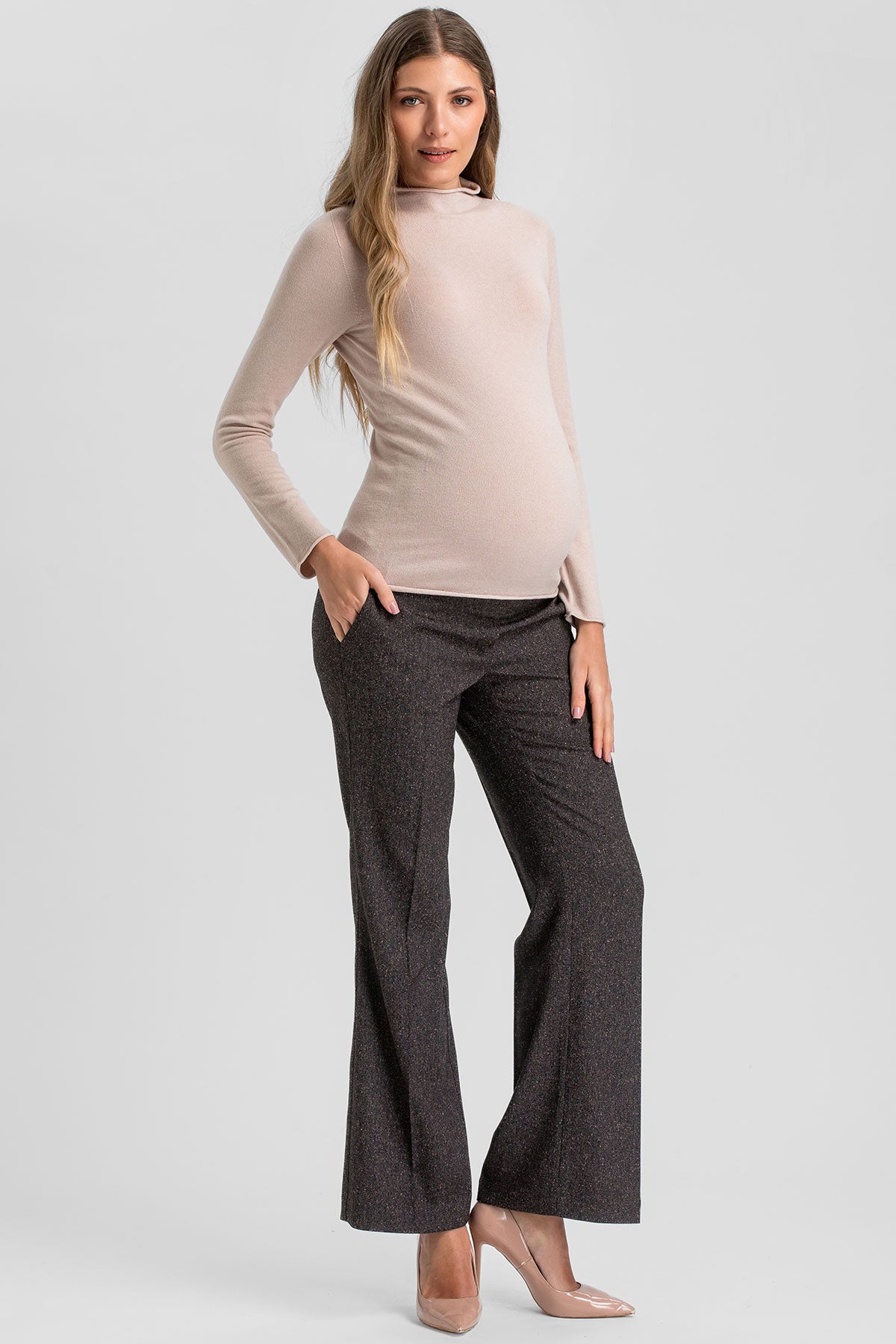 MAXIMILIAN | Brown Donegal Slightly Flared Maternity Pants