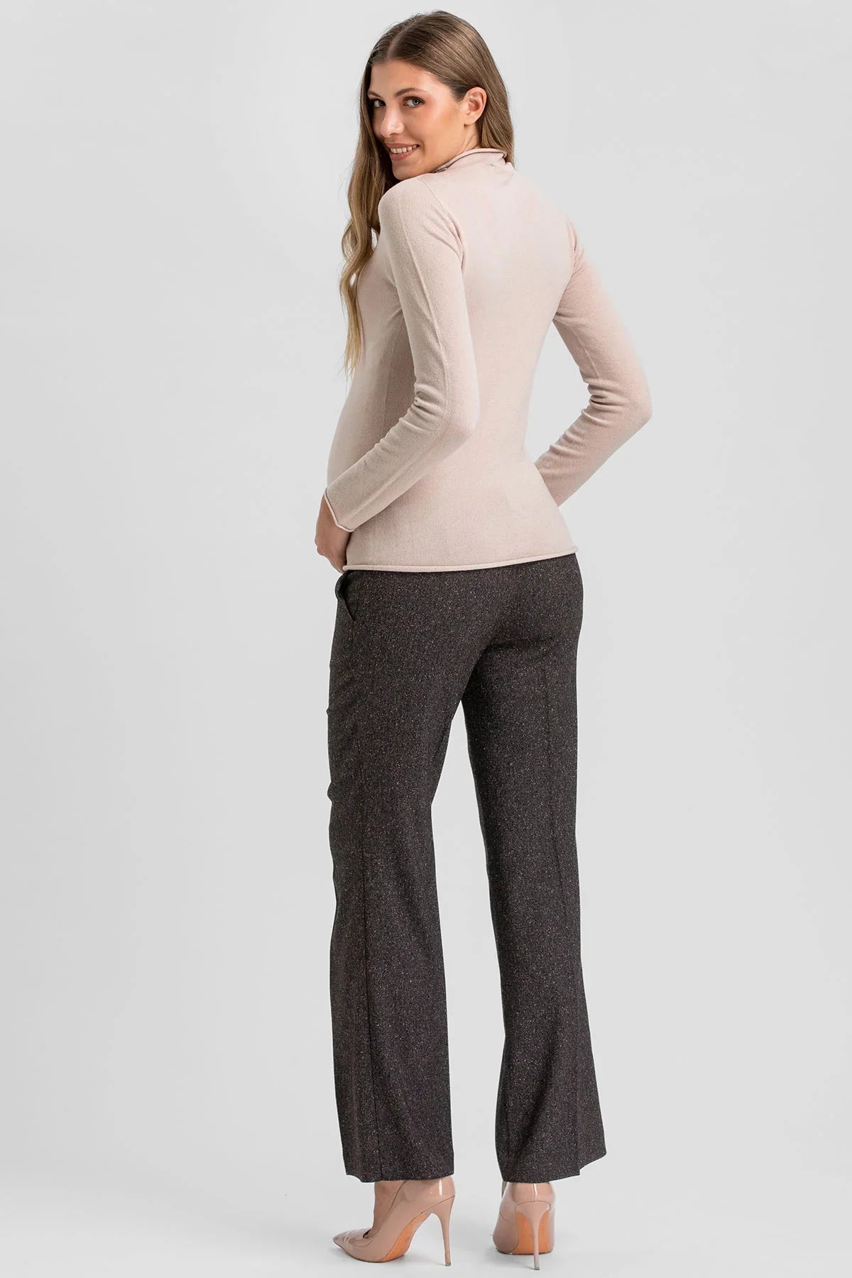 Pantaloni Premaman Marrone Mélange a Gamba Leggermente Svasata per un look sofisticato