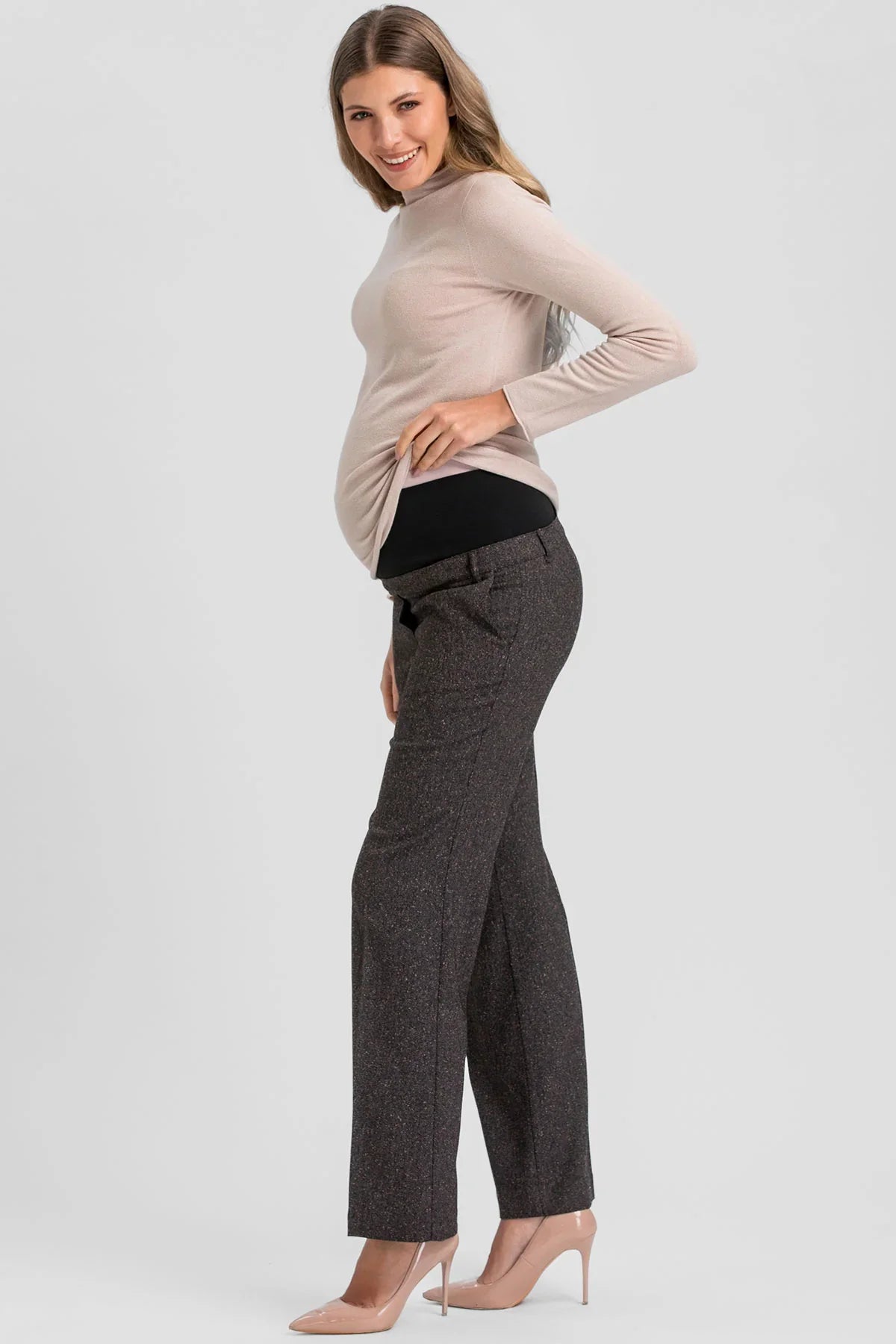 Pantaloni Premaman Marrone Mélange a Gamba Leggermente Svasata per un look sofisticato