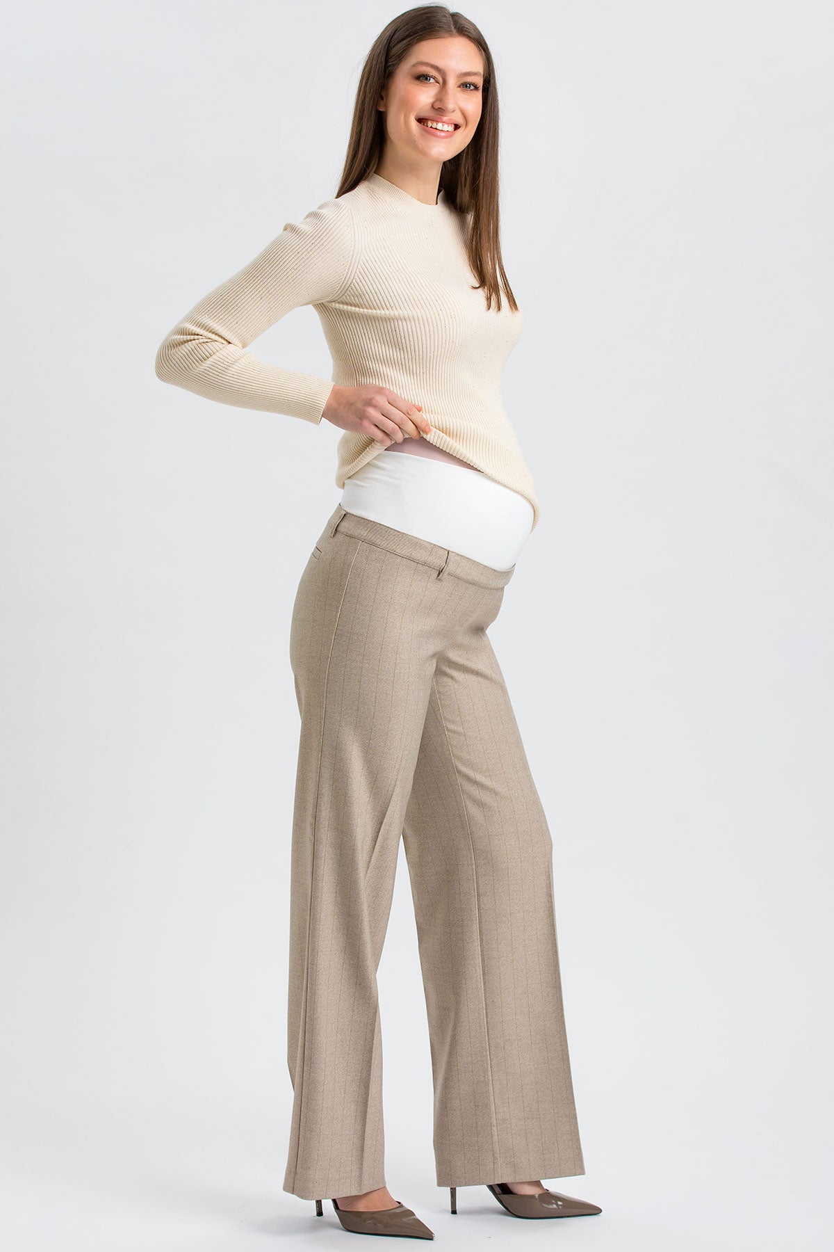 NATE | Pantaloni Premaman Beige a Gamba Larga