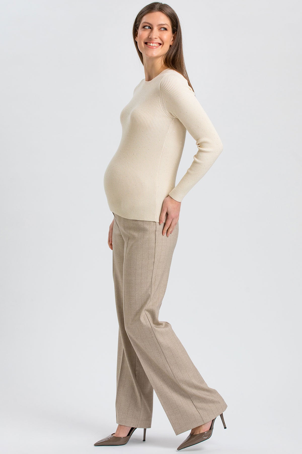 NATE | Pantaloni Premaman Beige a Gamba Larga