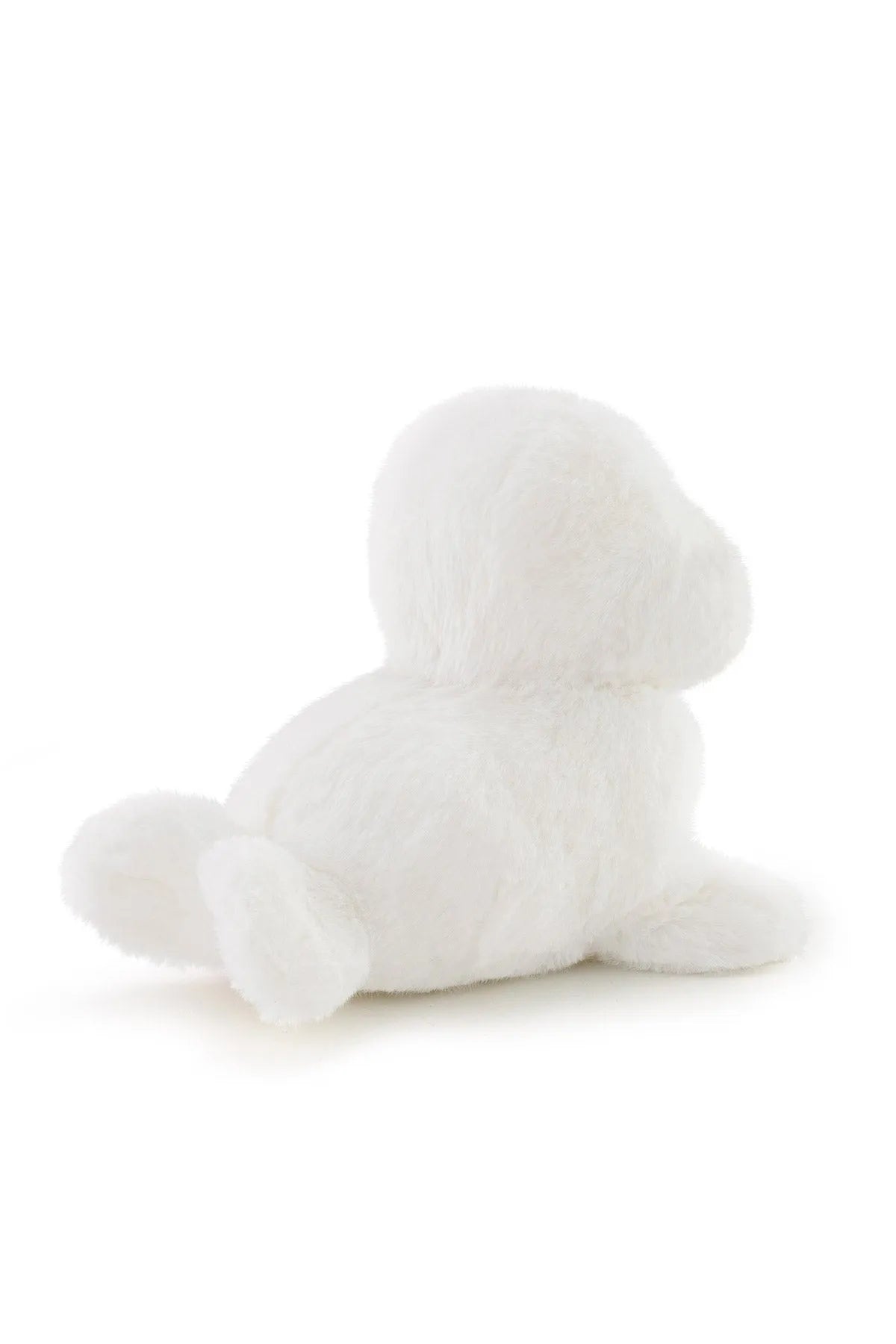 Peluche foca bianca morbida, vista posteriore su sfondo bianco