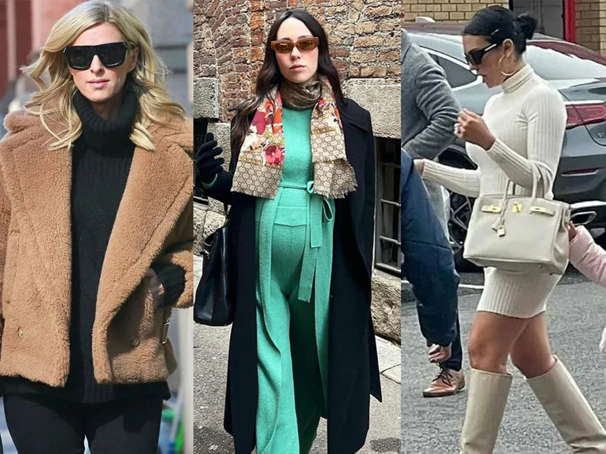 Tre look invernali: giacca teddy, completo pantalone premaman verde e abito premaman bianco.