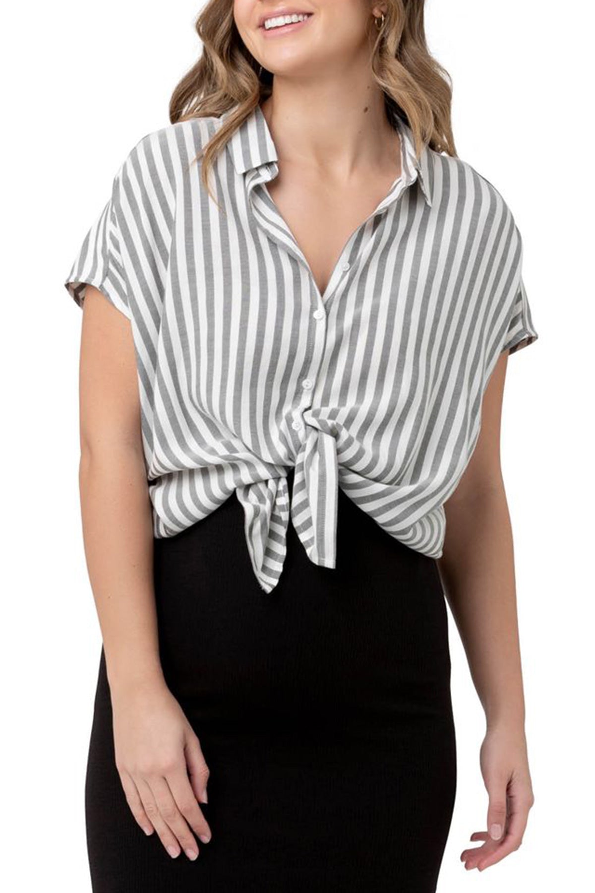 Camicia premaman e allattamento a righe nere e bianche Ripe con nodo in vita