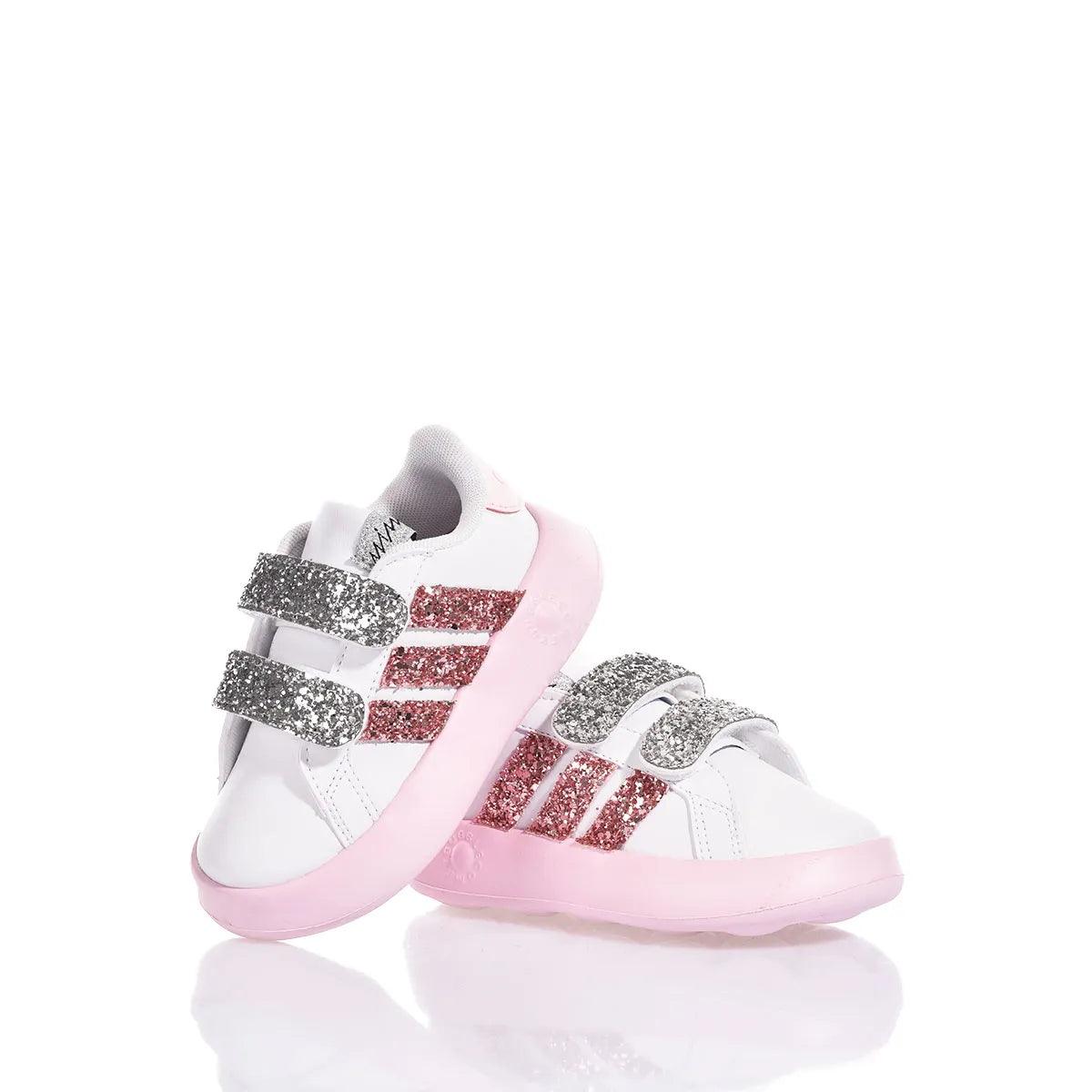 Scarpe neonata sportive bianche con dettagli glitter rosa e argento, moda premaman bambino
