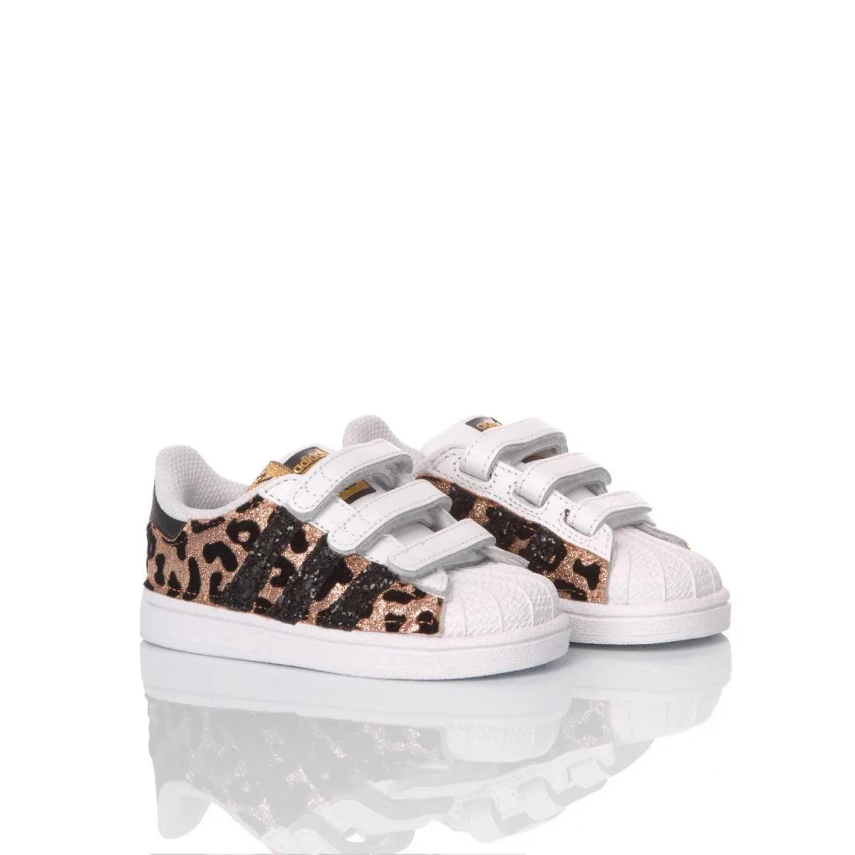 Scarpe bambina in tessuto glitterato animalier con chiusura a strappo, moda premaman bambini.