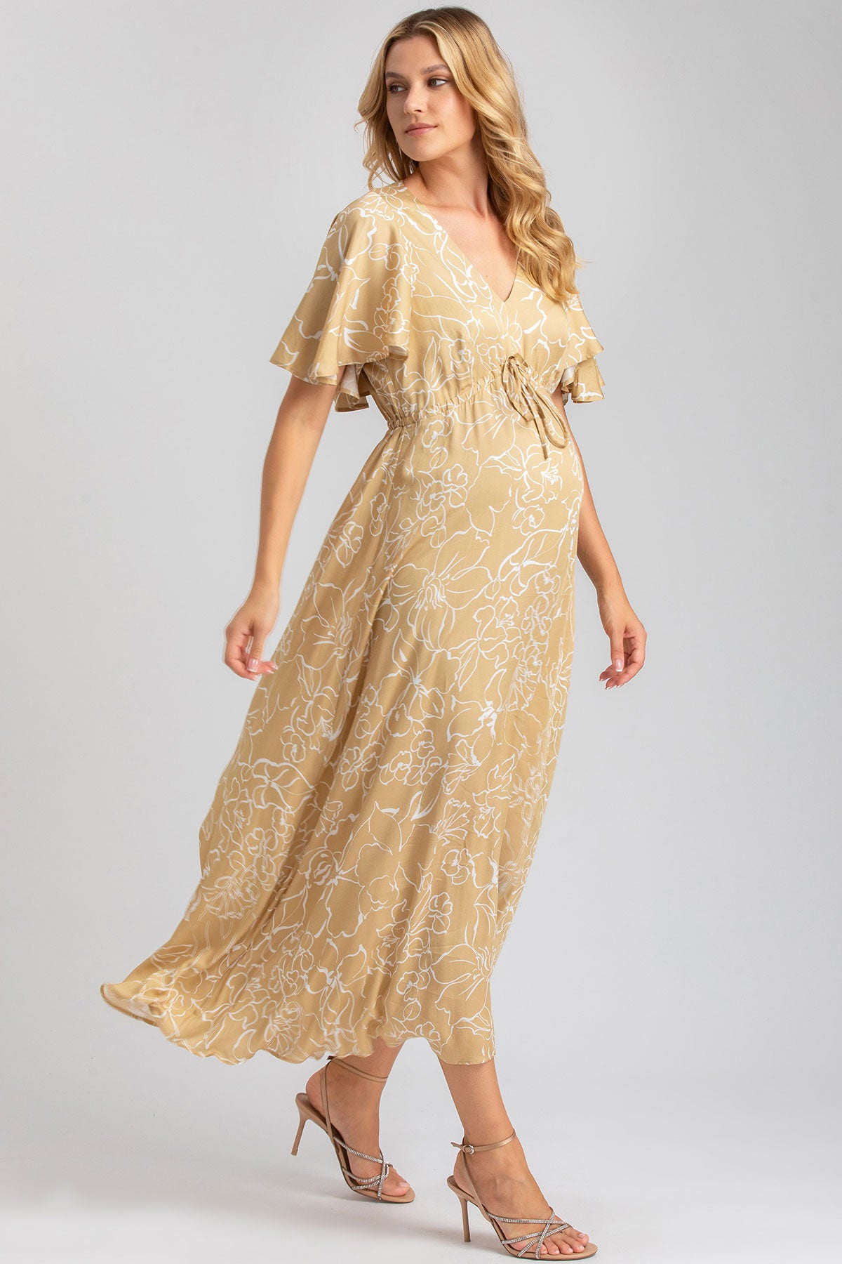 Abito premaman lungo beige a fiori, maniche corte, stile elegante, tessuto leggero