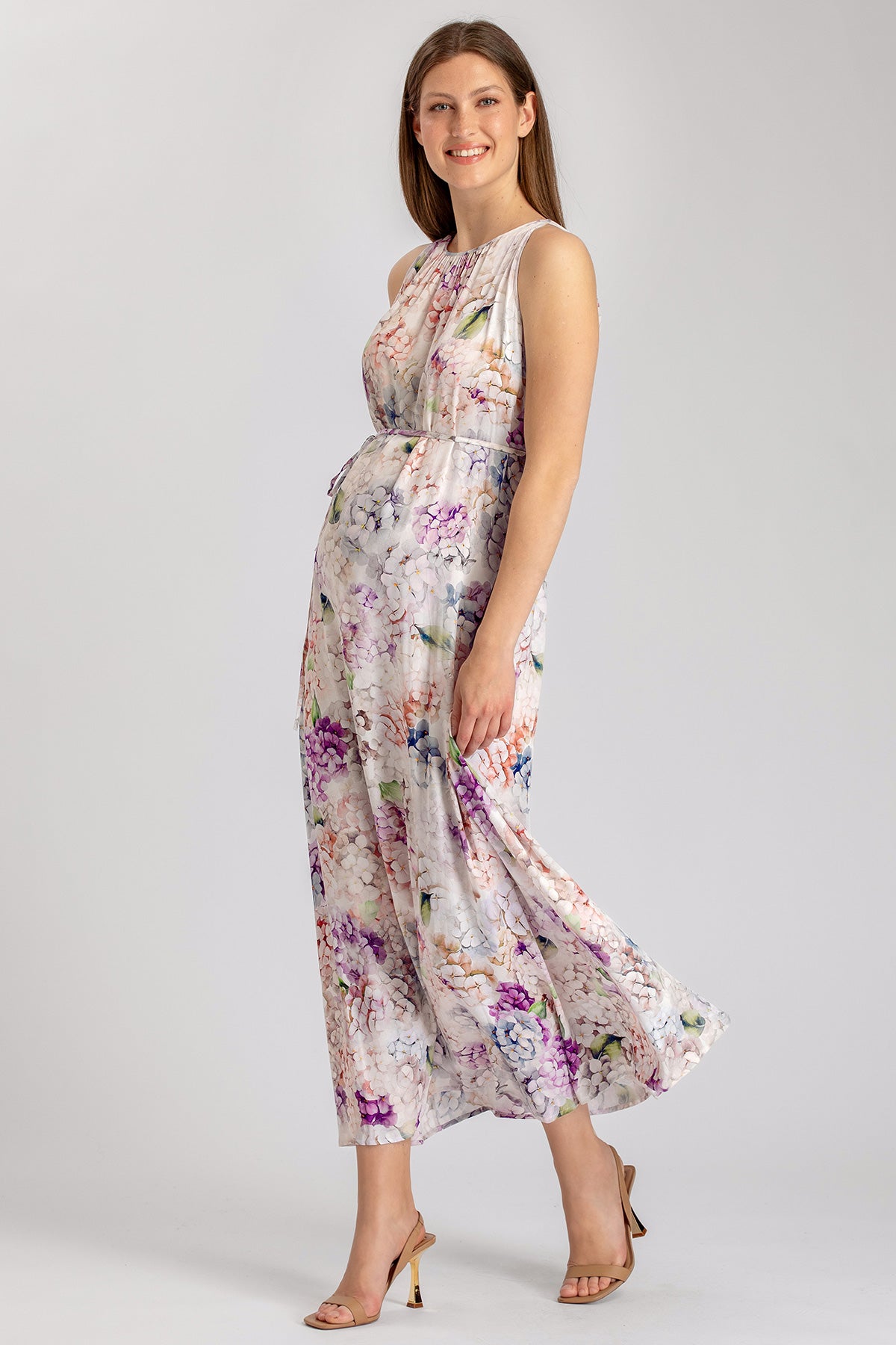 Abito premaman elegante a fiori, smanicato, perfetto per gravidanza primavera estate.